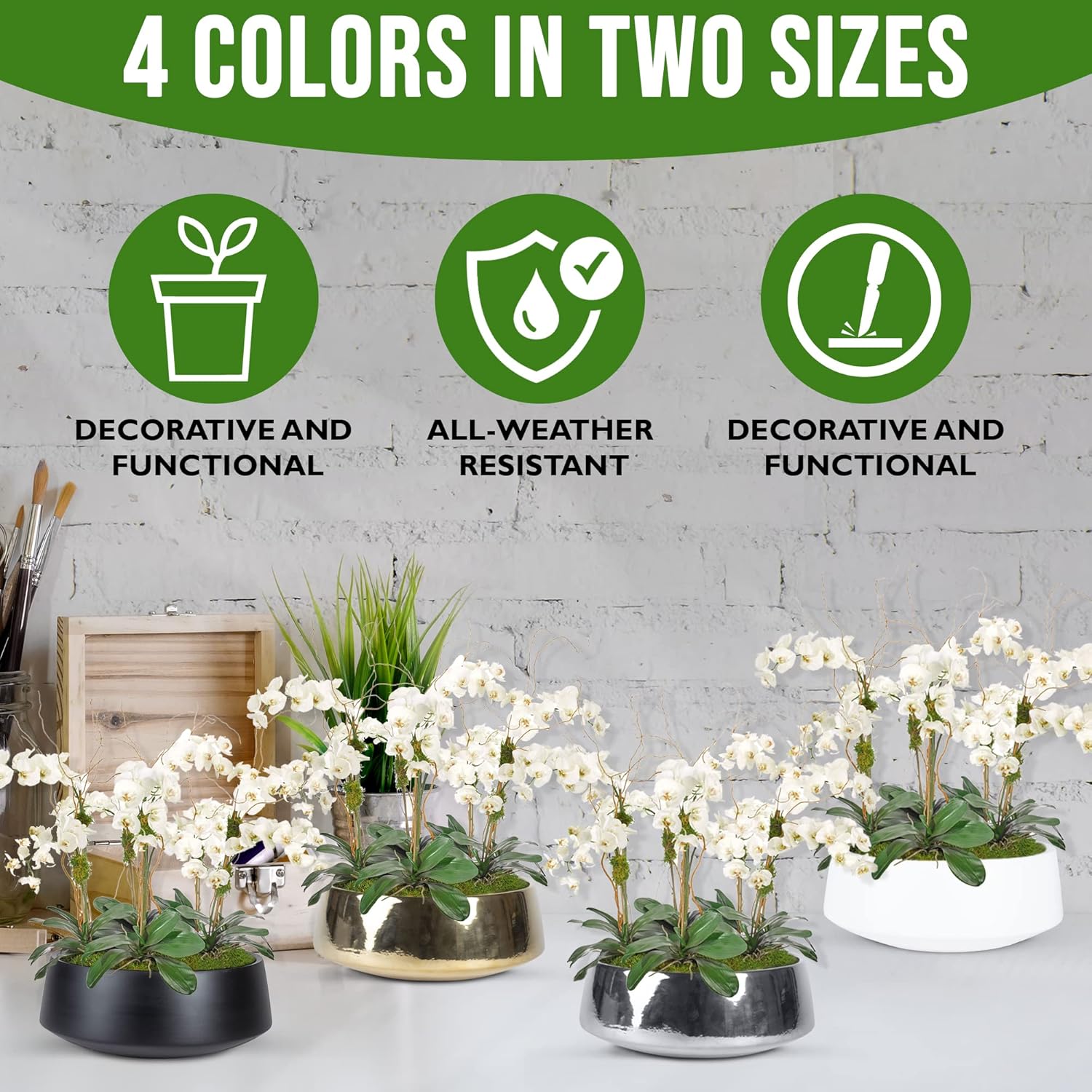 Round Sleek Silver Ceramic Centerpiece Planter Pot - Modern Decorative Indoor Outdoor 5" H x 12" Flower Pot