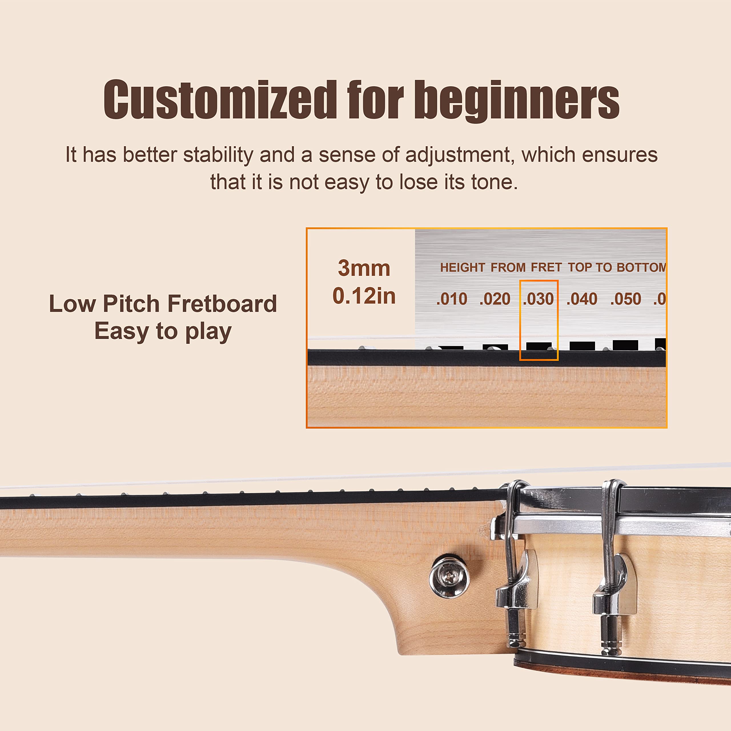 Mulucky Banjolele MBU-807 - Banjo Ukulele a 4 corde, dimensioni 58 cm, retro chiuso in legno massello, kit per principianti con truss rod Gig Bag, accordatore e plettri con cinturino