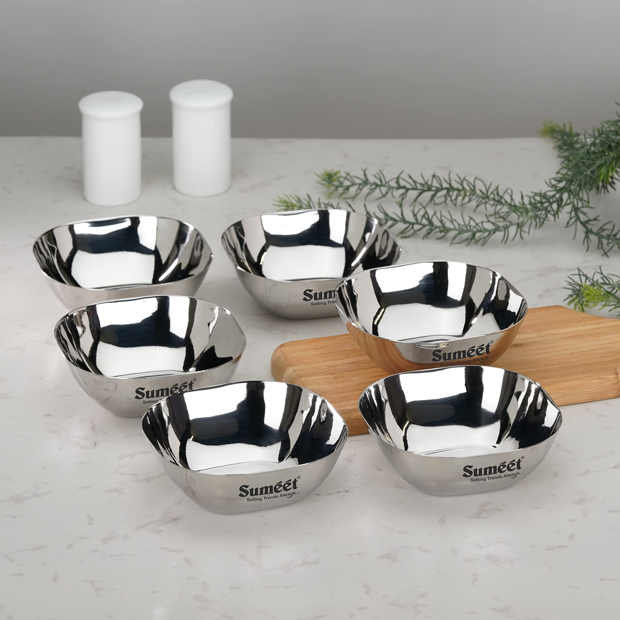 Sumeet Heavy Gauge Stainless Steel Apple Square Bowl/Wati/Katori with Mirror Finish – 10.6cm Dia, set of 6pc, 250ML Each - Silver