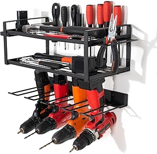 Becko US Garage Storage Power Tool Organizer Wall Mount, Power Drill Tool Holder, Wall Mounted Storage Rack for 4 Cordless Drills, Heavy Duty Floating Tool Shelf for Screwdriver Plier, Gifts for Men