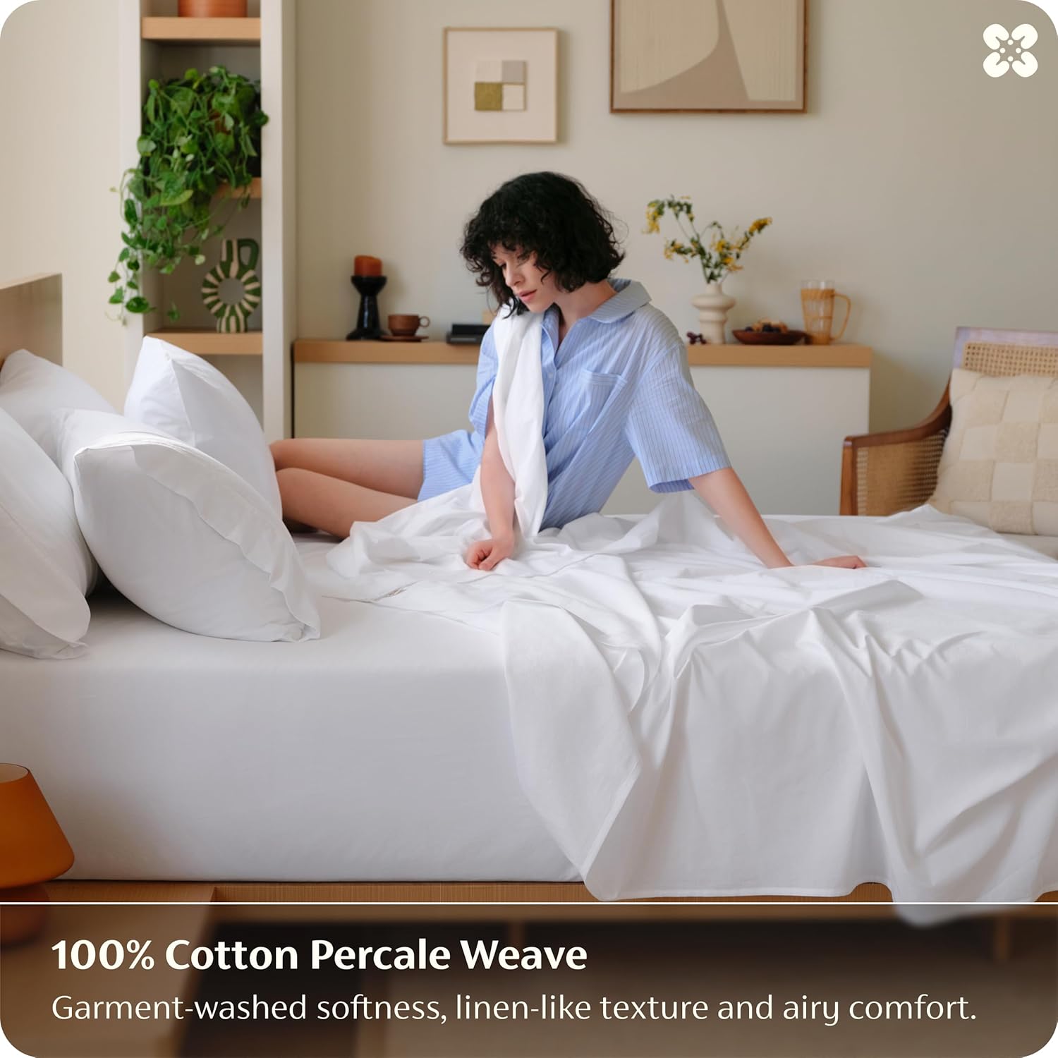 Bedsure 100% Washed Cotton Sheets - Linen Like Textured Percale Sheets King Size, 6-Piece Bedsheet Set with 18" Deep Pocket, Breathable & PureWoven Soft Comfy (White, King)