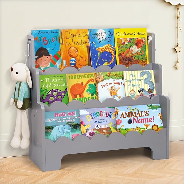 Tohiasen Kids Bookshelf Wooden 3-Tier, Scalloped Book Shelf for Kids Rooms, Front Facing Toddler Montessori Bookshelf, B