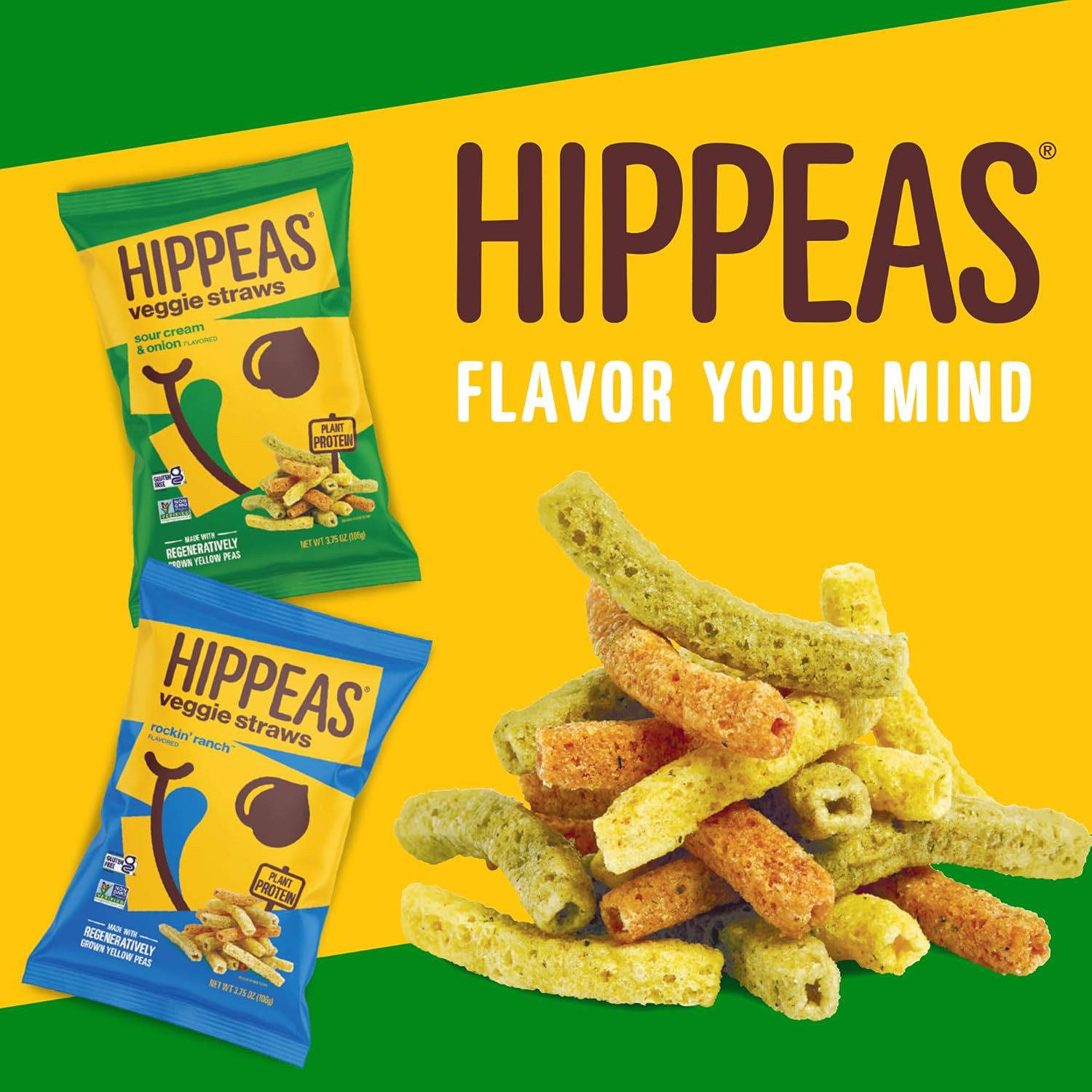 Hippeas Veggie Straws, Variety Pack: Sour Cream & Onion, Rockin’ Ranch, 0.75 Ounce (Pack of 18), 2g Protein, 1g Fiber, Vegan, Gluten-Free, Crunchy, Plant Protein Snacks