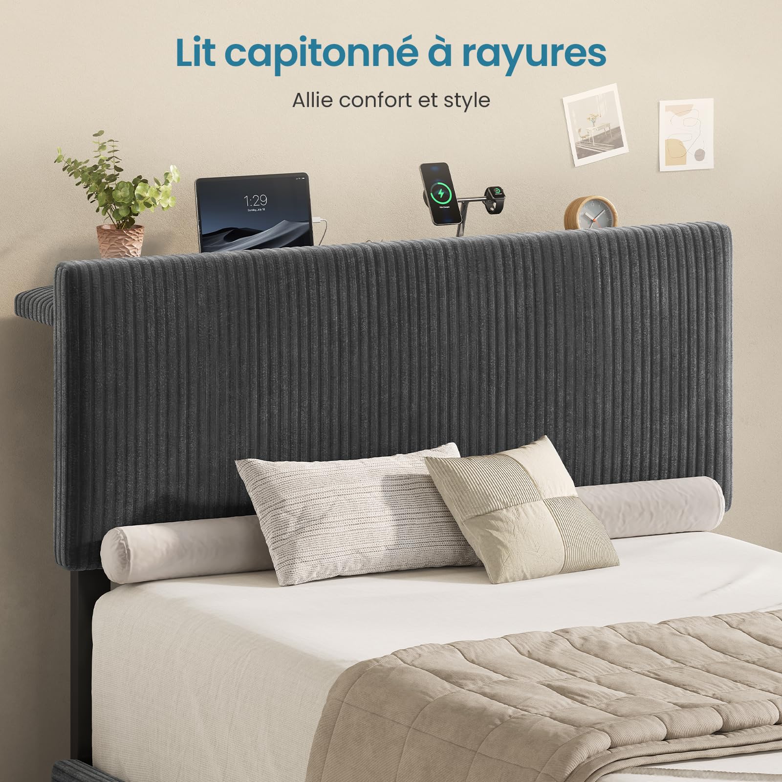 KIMENICH Lit Coffre 90X190 cm, Lit avec Rangement & Hydraulique,Lit Coffre avec tête de lit Réglable en Hauteur,Lits Coffre avec éclairage LED & Station de Recharge,Velours rayé,Gris
