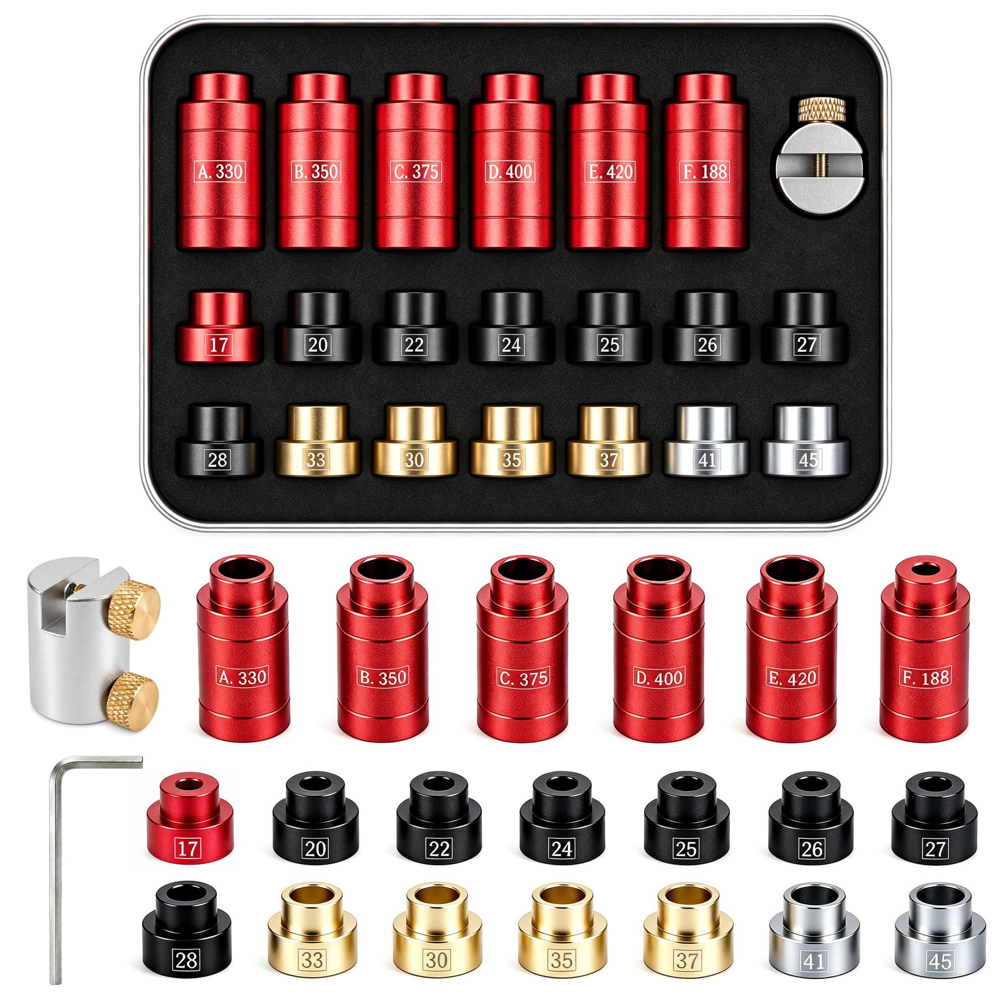 Kit comparador de calibre de espacio de cabeza con 14 insertos y 6 bujes, suministros y equipos de recarga, herramienta de calibre de recarga de precisión con caja de estaño, para calibre de 0.17 a