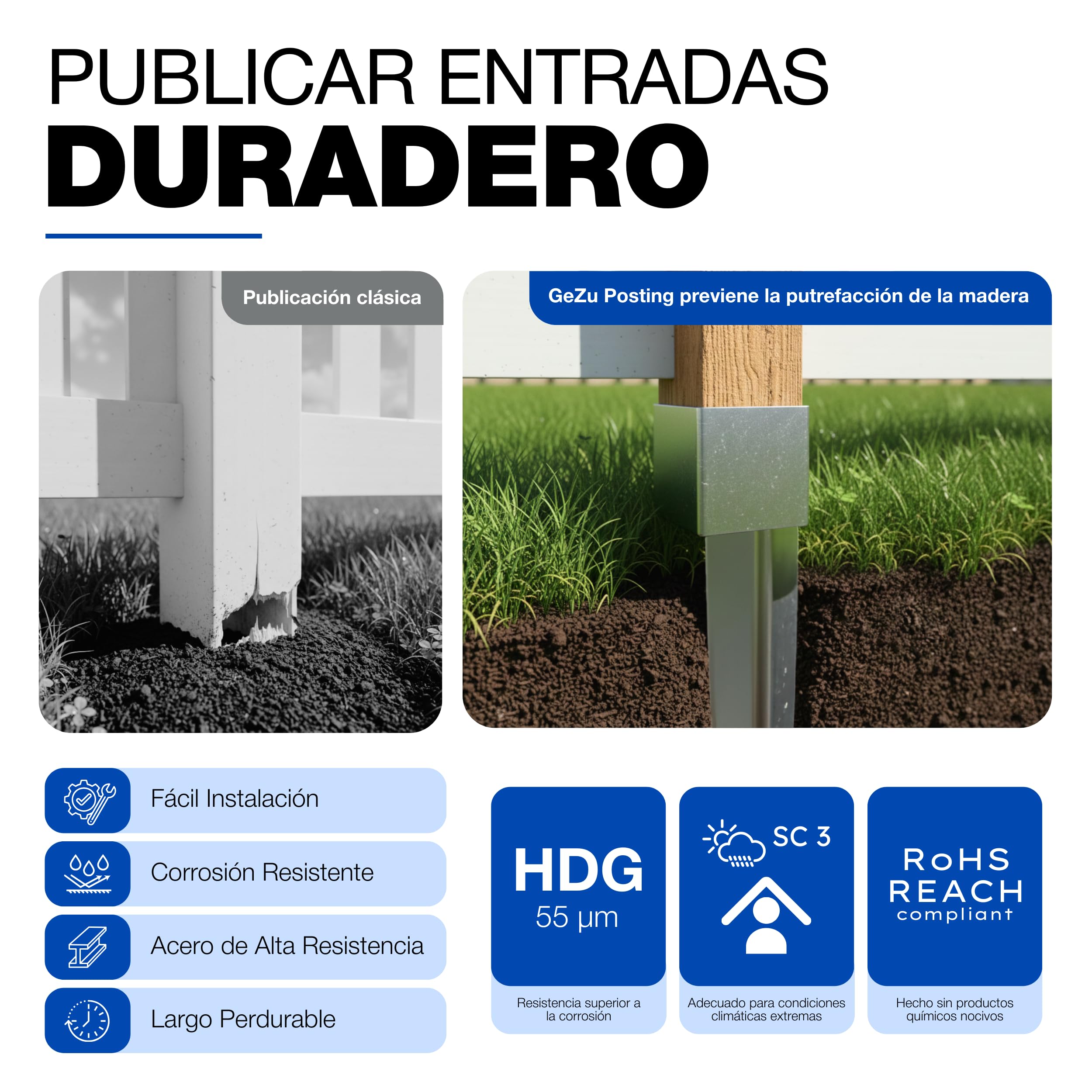 GeZu Impex Soporte para Poste 101 x 101 x 750 mm Galvanizado por Inmersión en Caliente Juego de 8 Fundas de Tierra con Punta de Anclaje para Soporte de Valla