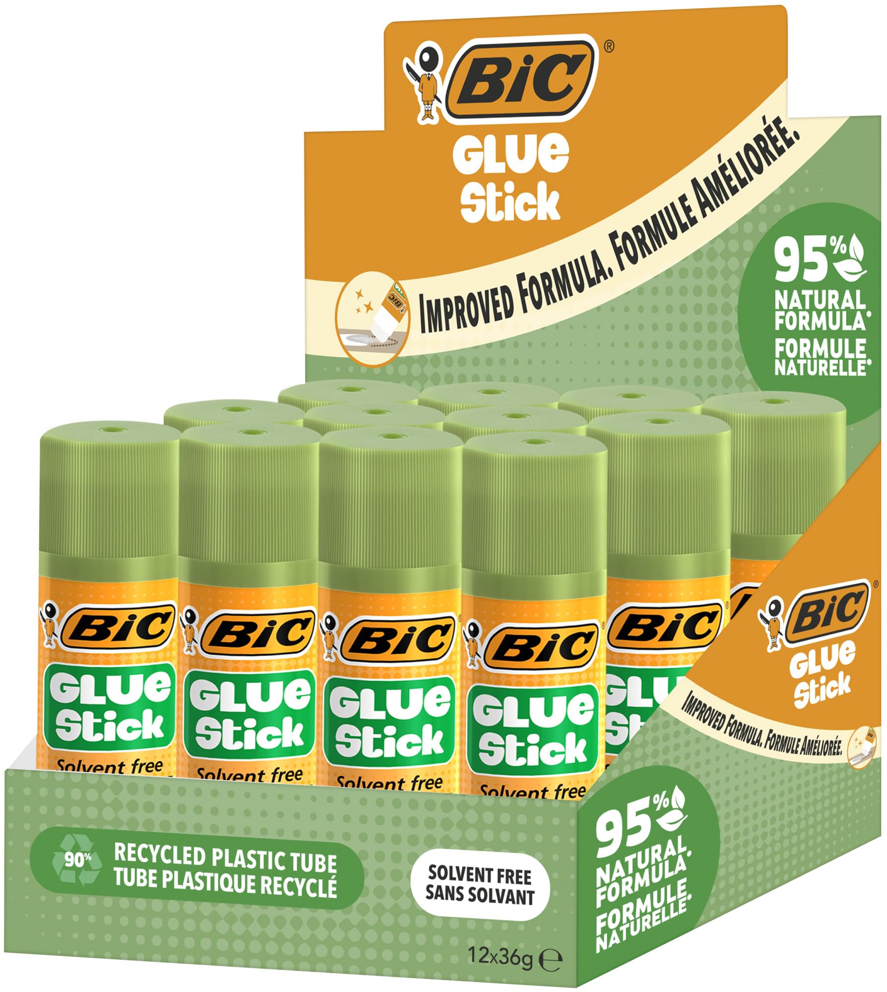 BIC Klebestifte 36 g, zu 95% aus natürlichen Inhaltsstoffen, mit Drehverschluss zum Basteln – Box à 12