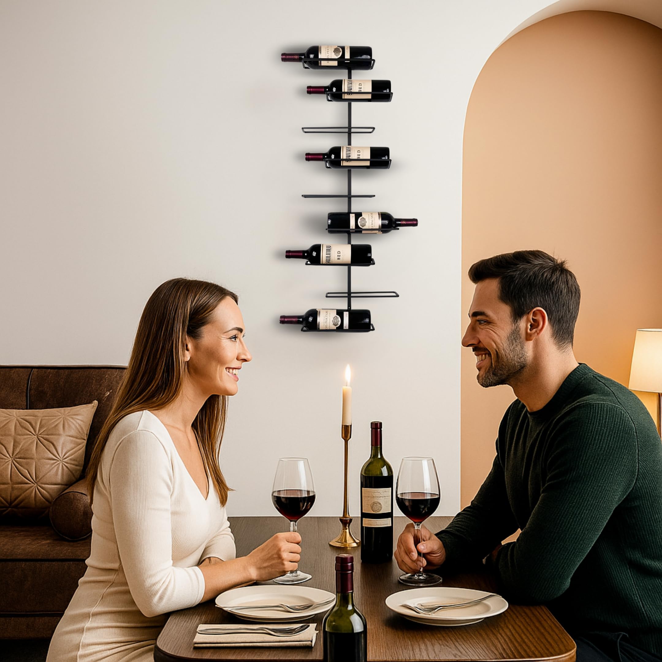 Weinregal Wand Schwarz aus Metall | 9 Flaschen | Modernes Weinregal | Versetztes Wine Rack | Schwarzer Weinflaschenhalter | Flaschenregal Wand