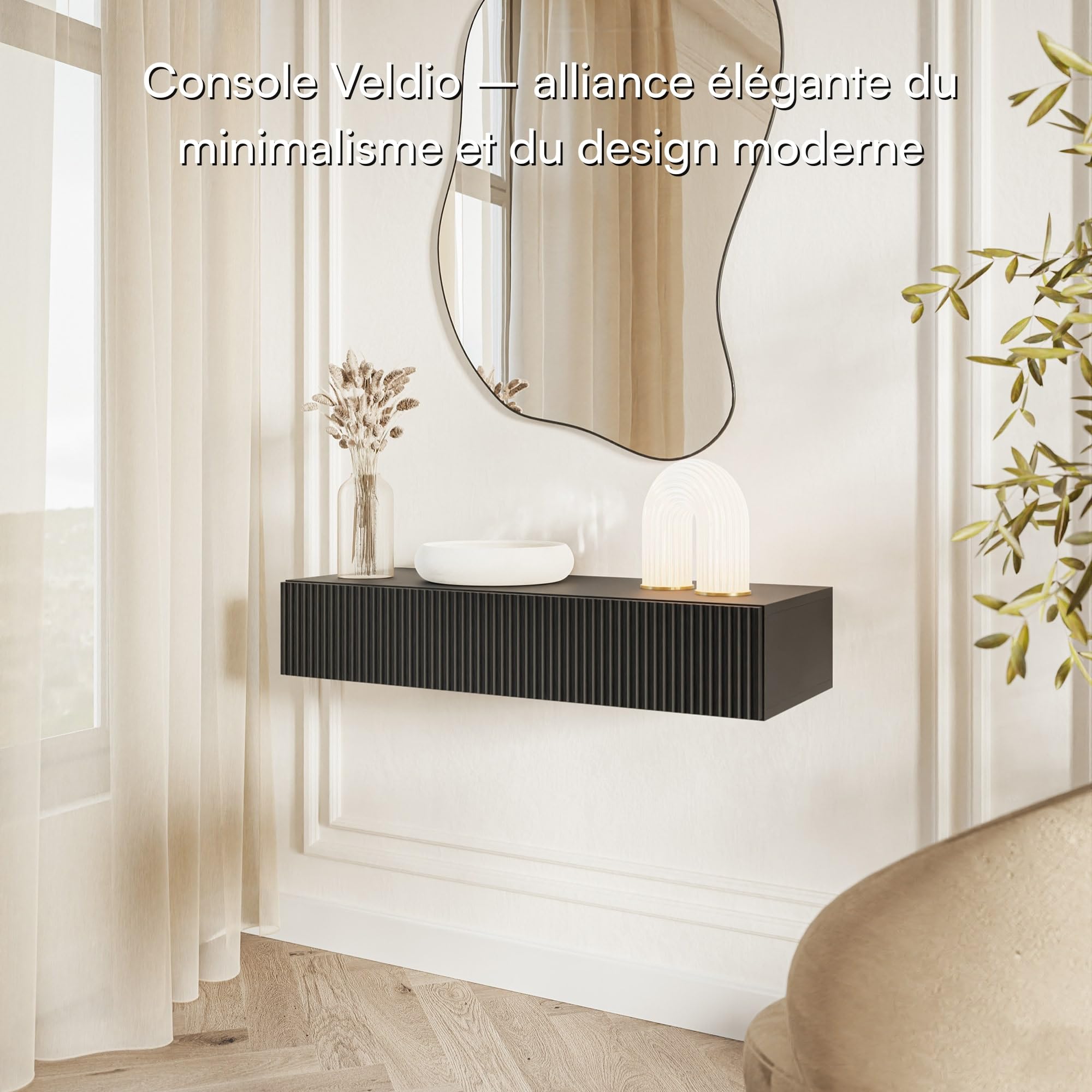 Selsey Console D'Entrée Suspendue avec Tiroir À Lamelles 90 x 17 cm Table Console Noire Veldio