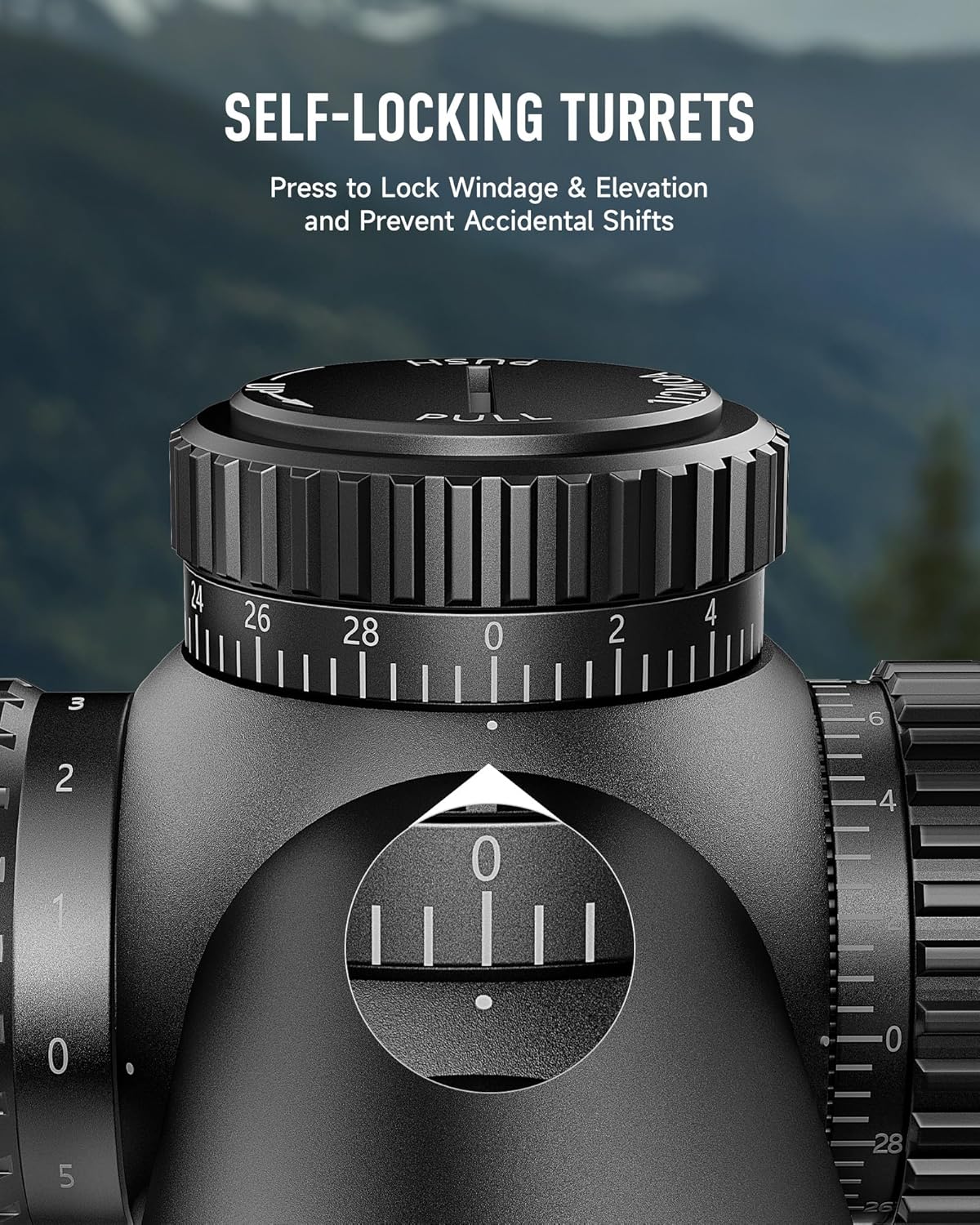 Close-up image of the self-locking elevation turret on the Pinty FFP LPVO Rifle Scope, showing the 'PULL' and 'PUSH' indicators for adjustment and locking.