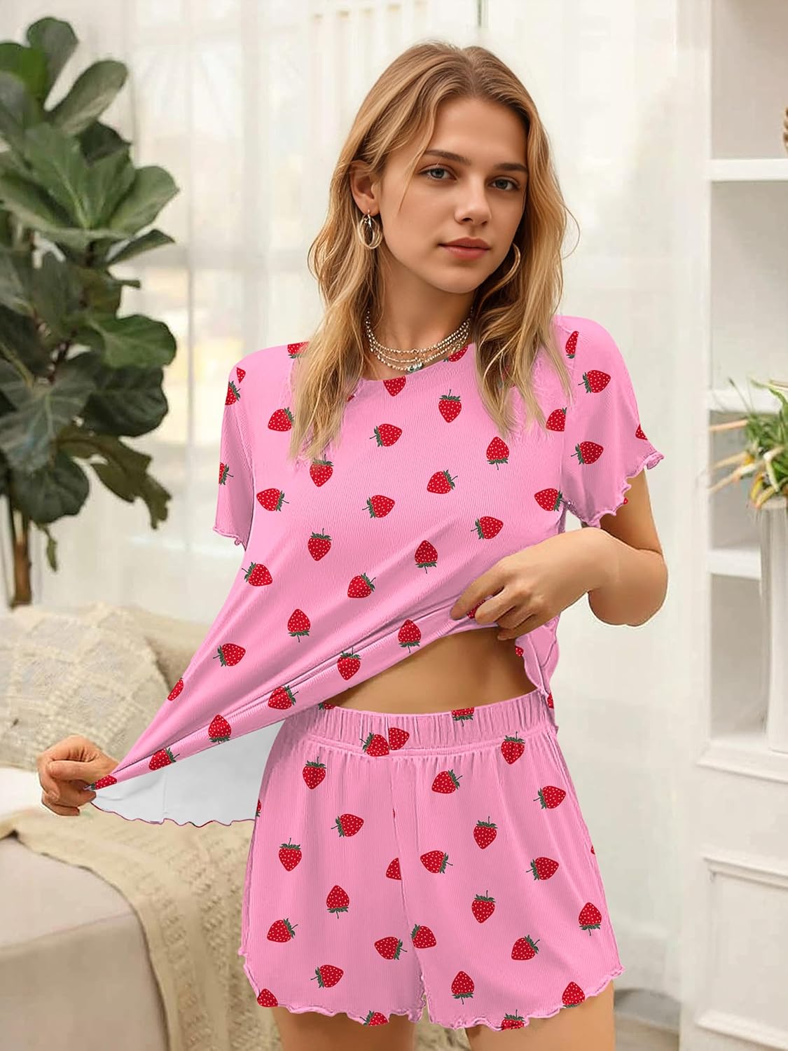 Ekouaer Womens Pajamas 2 Piece Ribbed Knit Pjs Colorful Pattern Sleep Set Short Sleeve Pajamas Set Casual Lounge Sets - Image 3