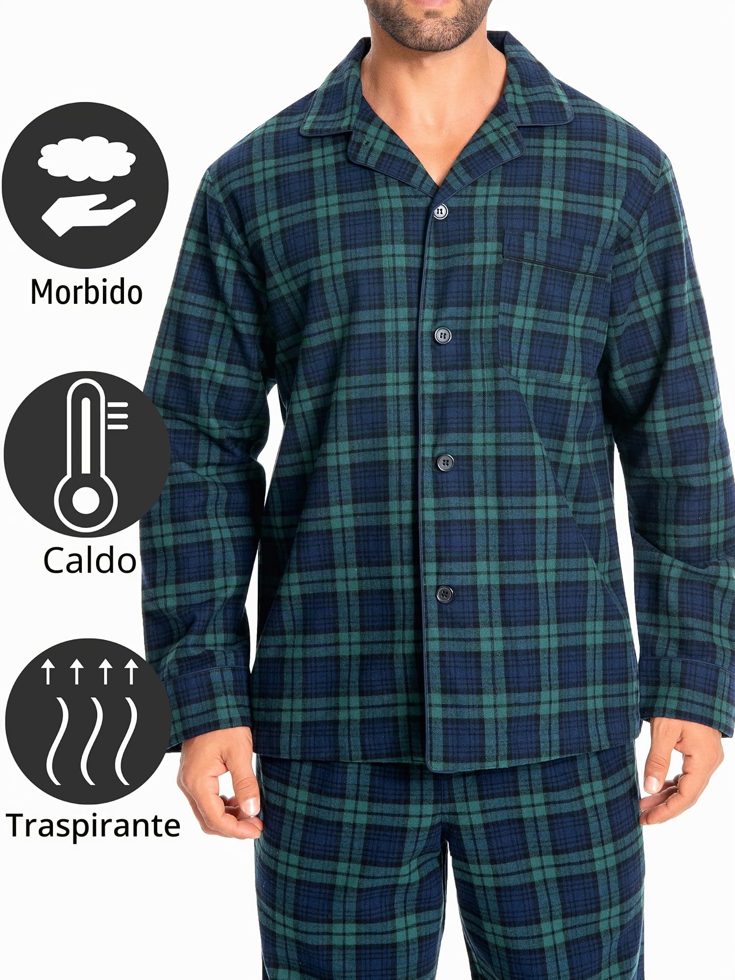 Nutria Pigiama Uomo Flanella in 100% Cotone, Pigiama Lungo Invernale a Quadri Abbigliamento Casual U06AB