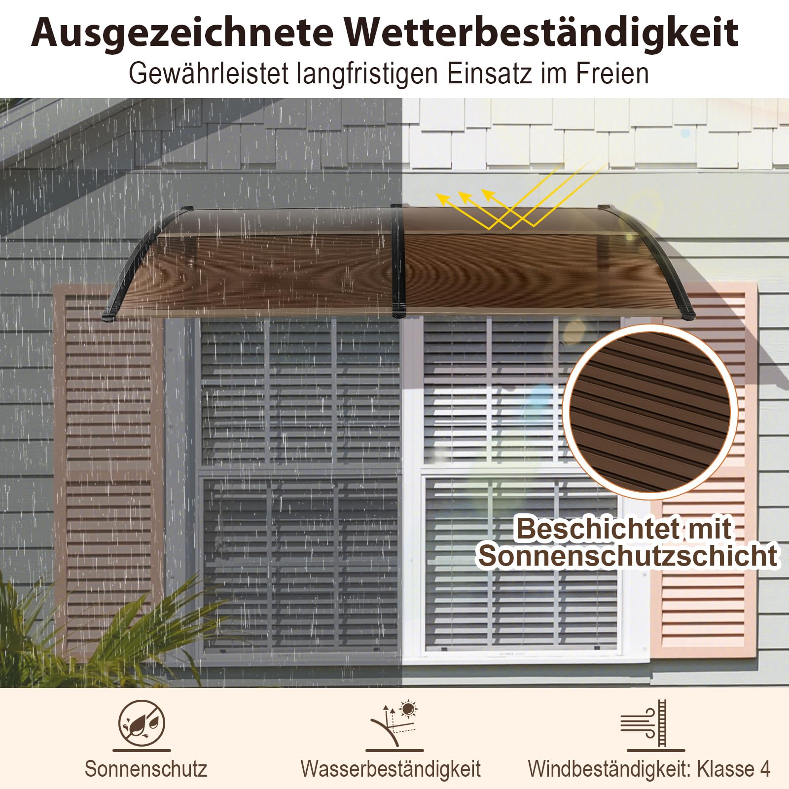COSTWAY Zadaszenie do drzwi wejściowych 199 x 99 cm, zadaszenie z aluminium i poliwęglanu, przezroczysty daszek łukowy, daszek do drzwi wejściowych (kawowy)