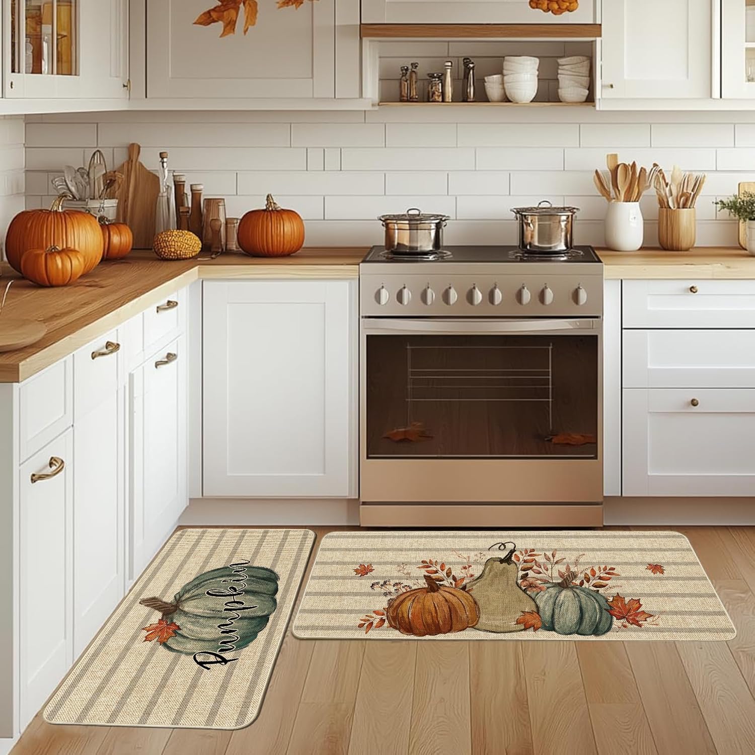 Thanksgiving Fall Vintage Harvest Pumpkin Kitchen Mats Set of 2, Autumn Grateful Kitchen Rugs Seasonal Low Profile Floor Mat Farmhouse Non-Slip Runner Home Decor 17x29 and 17x47 Inch