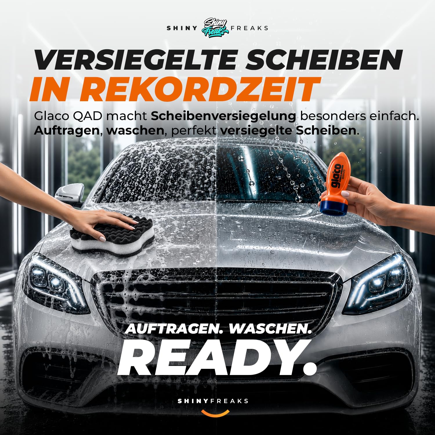 Glasversiegelung Set: Soft99 Glaco QAD (120ml) Scheibenversiegelung Auto + QJUTSU Creamy Shampoo (750ml) + Autoschwamm - Regenabweiser für verbesserte Sicht bei Regen | 3-teilig