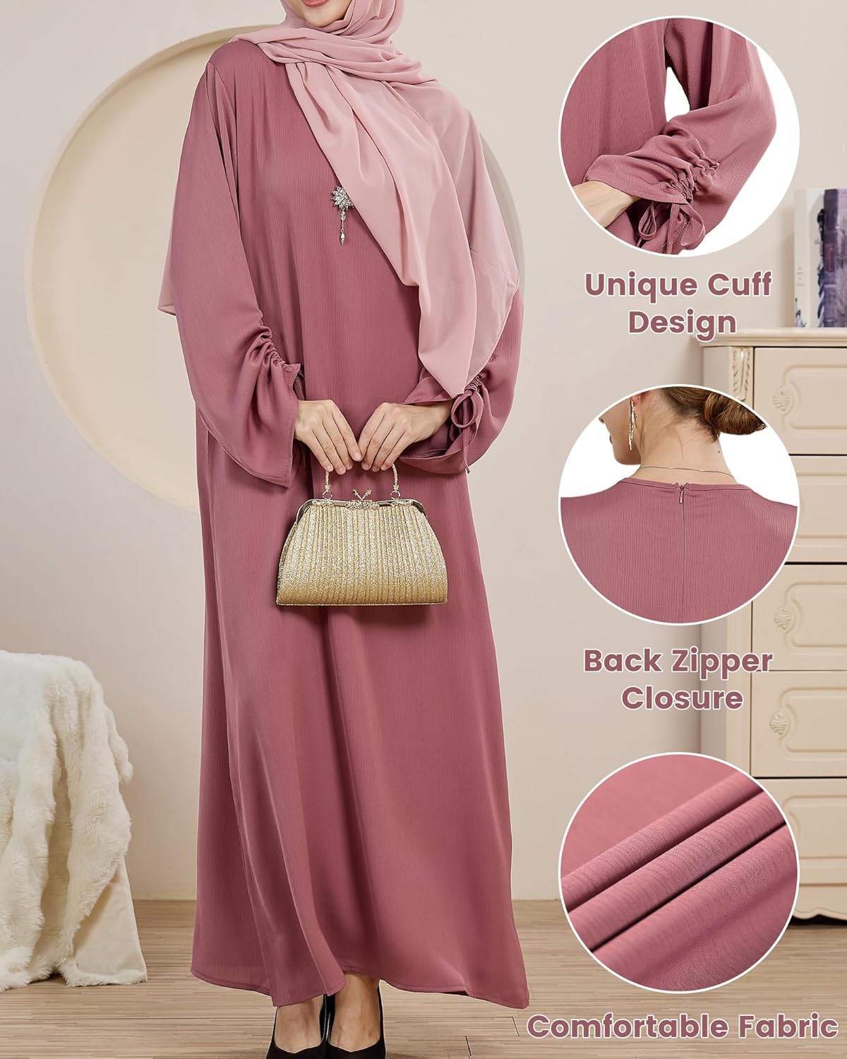 Muslim Women‘s Abaya Solid Color Zipper Islamic Dress Kaftan Robe Eid Clothes - Image 3