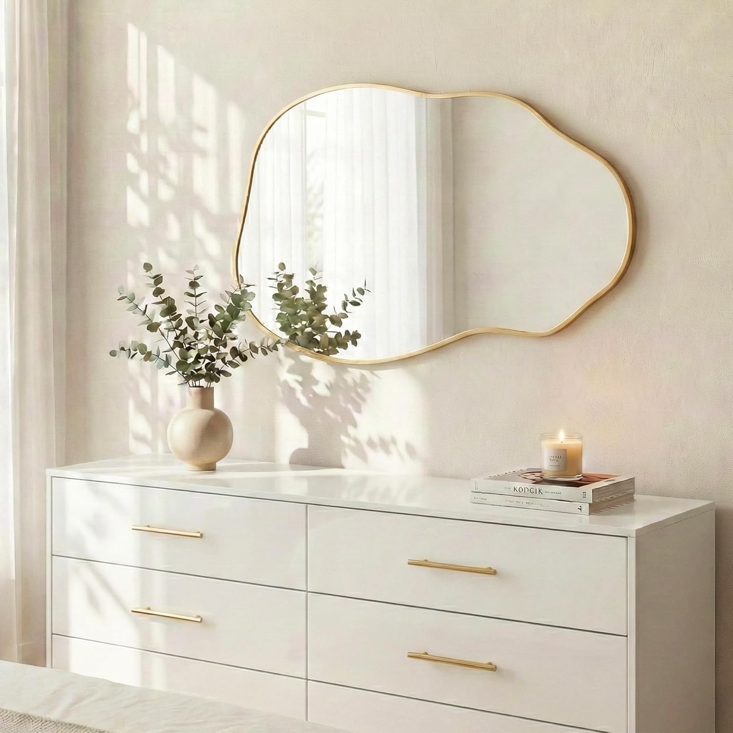 Asymmetrical Wall Mirror 36"x20", Large Irregular Wavy Mirror for Bathroom Vanity, Matte Gold Rust Proof Aluminum Frame, Tempered Glass Horizontal or Vertical Hanging for Living Room Decor