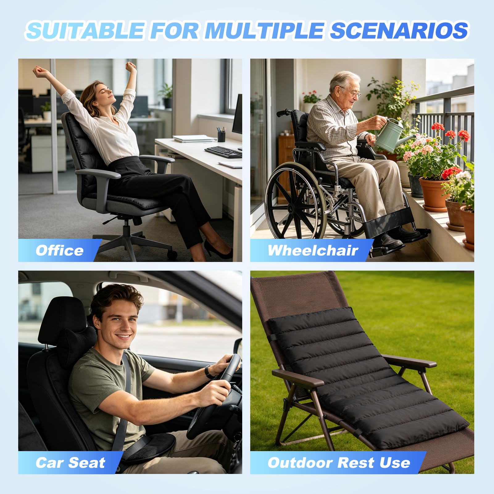 Cuscino completo per sedia a rotelle Cuscino per sedile per sedia a rotelle con cinghie Cuscino reclinabile regolabile adatto a diverse sedie a rotelle