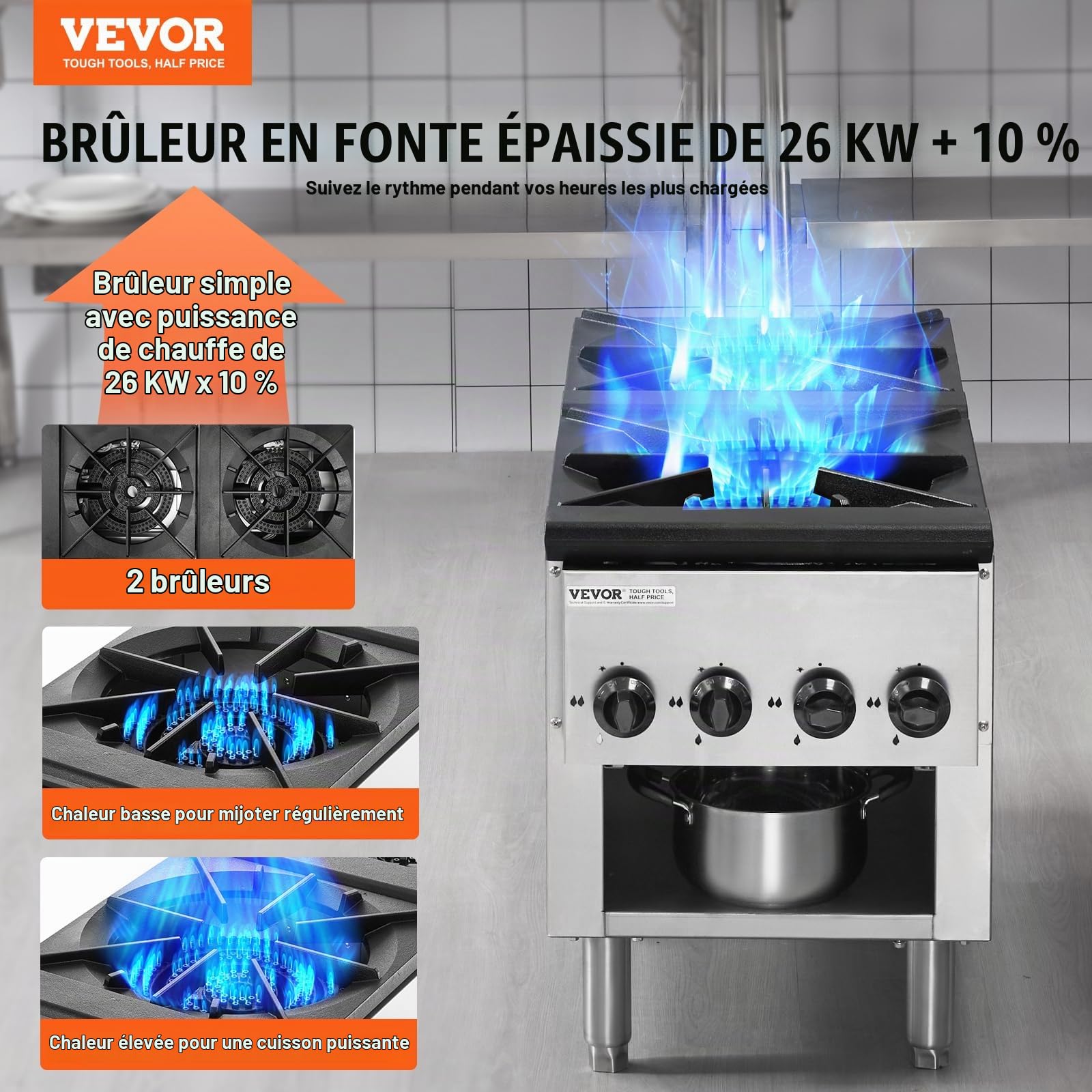VEVOR Cuisinière à Gaz Commerciale 2 Brûleurs, Plaque de Cuisson de Comptoir au Propane et au Gaz Naturel, 52 kW, en Acier Inoxydable, avec Armoire, Équipement de Cuisson Commercial pour Restaurant