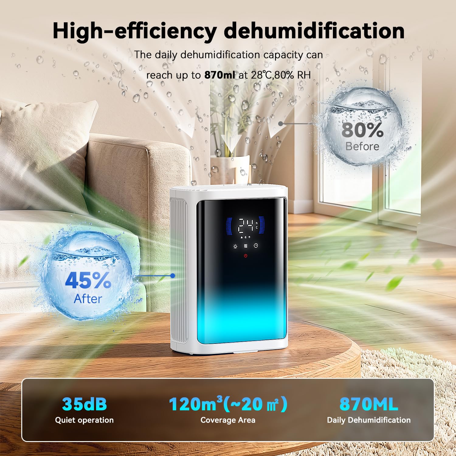 Deumidificatore Casa Muffa 3000ML,Deumidificatore Portatile e Ultra Silenzioso Con Rilevamento Termico,Scongelamento smart,Timer 6/8/12H,LED 7 colori, Per Bagno Camera Cabina Armadio (870 ml/day)