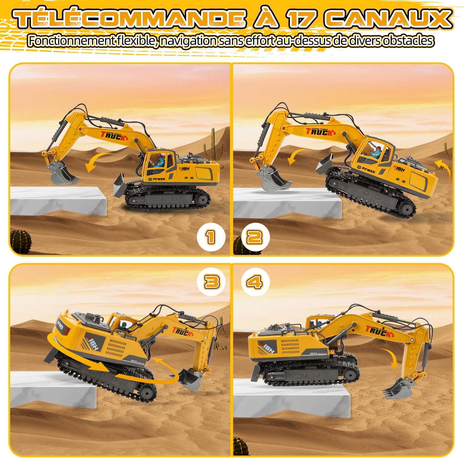 Pelleteuse Télécommandée, 17 Canaux 2,4 GHz Pelleteuse Enfant Excavatrice Télécommandé -Pelle Métallique, Conducteur, Lumières, Pulvérisation et Son, Jouet Construction Cadeau Enfant 3+ Ans