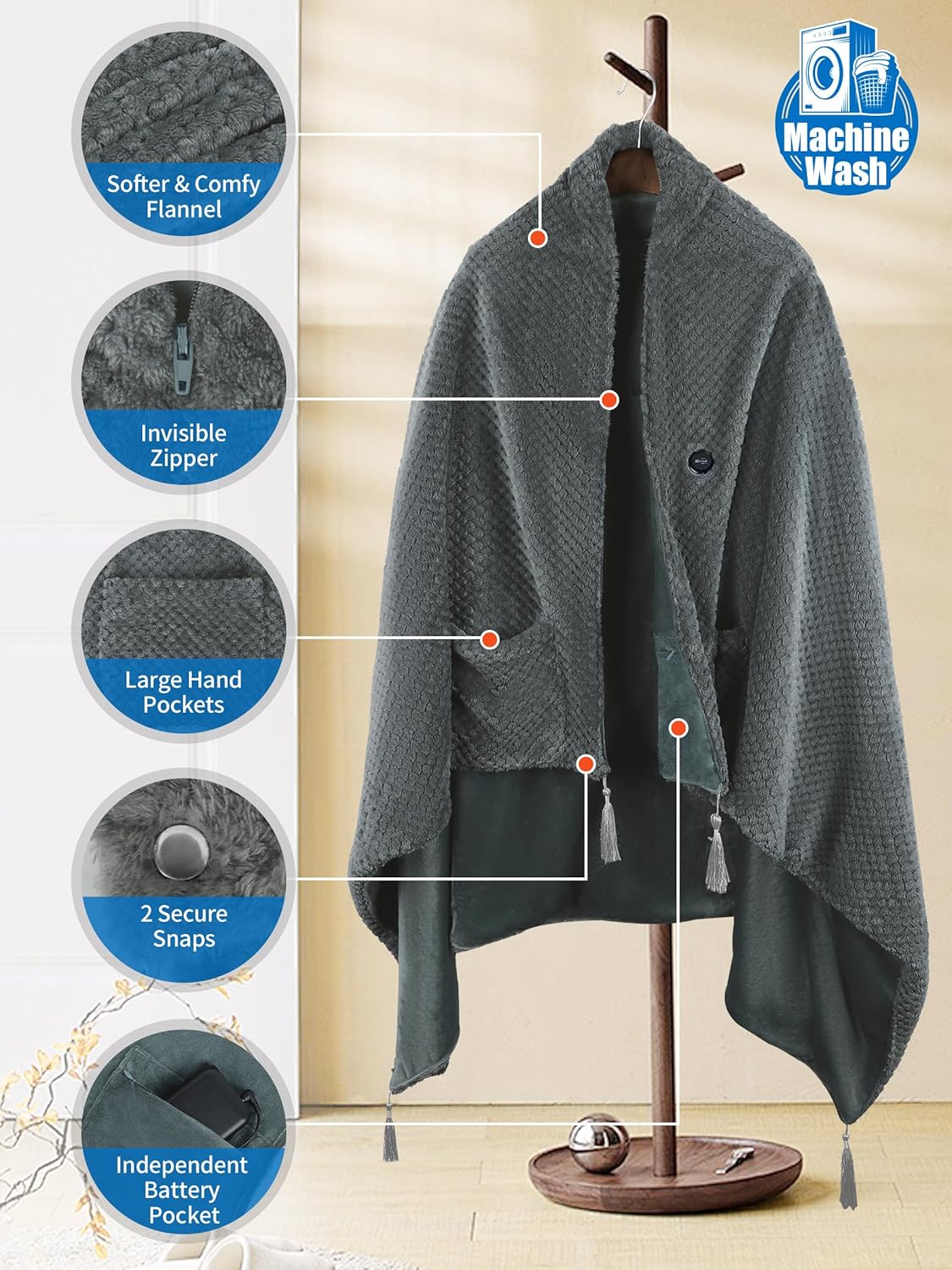 Heated Blanket Throw Battery Operated, Portable Cordless Heated Shawl Ponchol with 4 Heating Areas & 3 Heating Modes,Electric Wearable Heating Outdoor Camping Blanket for Traveling,Picnics - Image 5