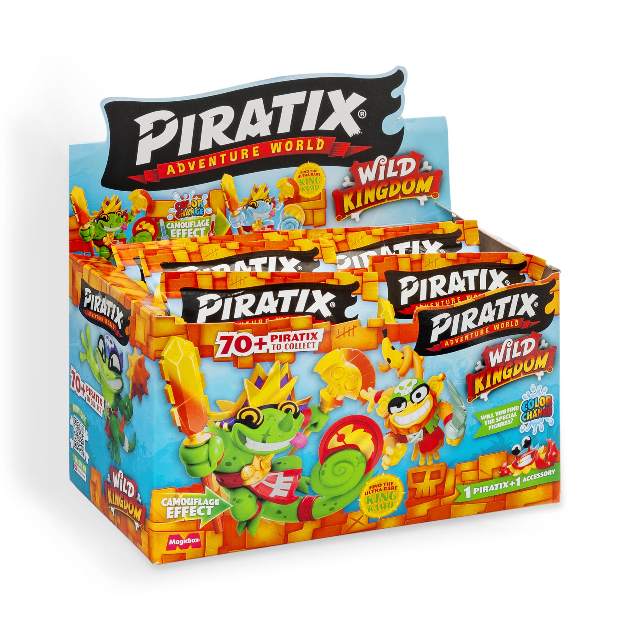 PIRATIX ADVENTURE WORLD Seria Wild Kingdom - pudełko z 24 kopertami niespodzianki z kolekcjonerskimi figurkami pirackimi. Każda koperta zawiera 1 niespodziankę Piratix i 1 akcesorium z efektem zmiany