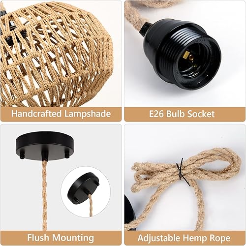 Miniatura 4 de Luces colgantes LED de ratán de granja, lámpara de araña bohemia, mimbre rústico tejido a mano, cesta colgante para comedor, sala de estar, cocina,