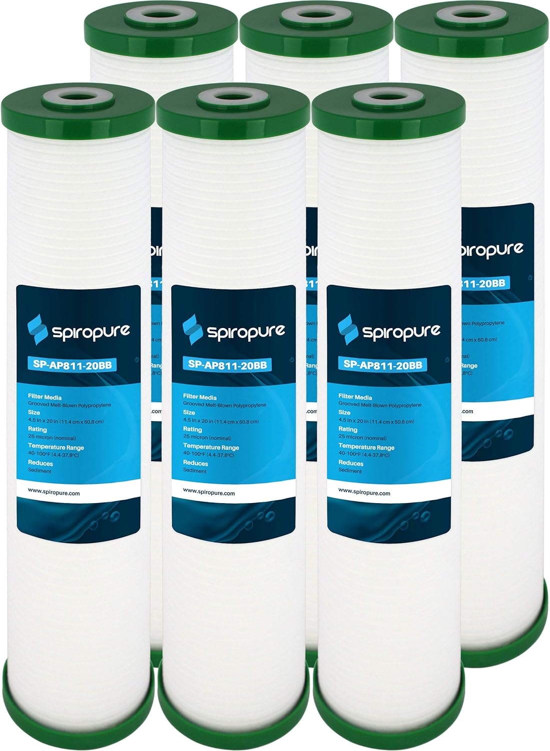 SpiroPure SP-AP811-20BB 20x4.5 25 Micron Grooved Melt-Blown Polypropylene Sediment Water Filter Cartridge AP811-2 (Case of 6)
