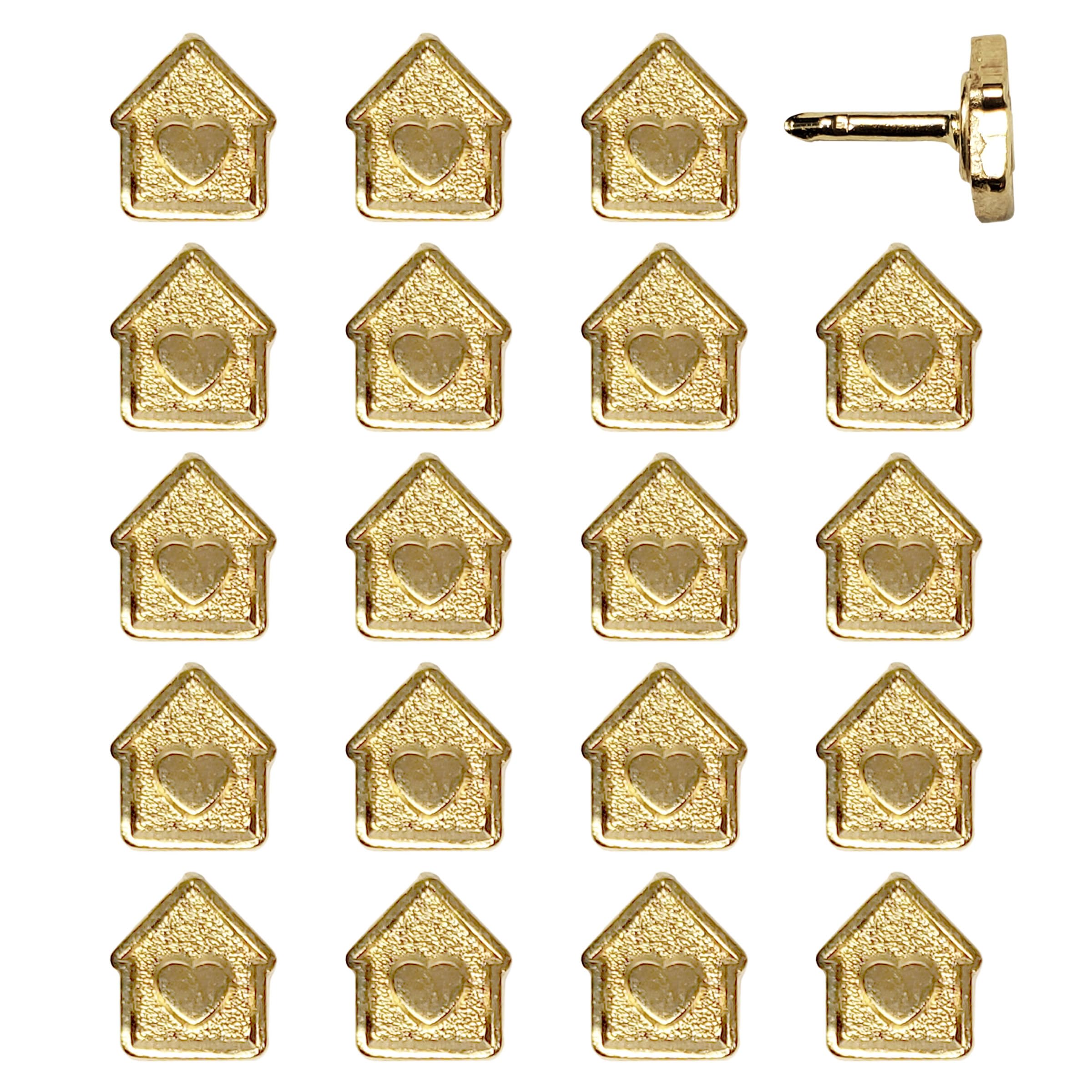 Mini House Push Pins - Gold House Pins - for Cork Board, Maps, or Lapel Pin Use - Designed in USA - Set of 20