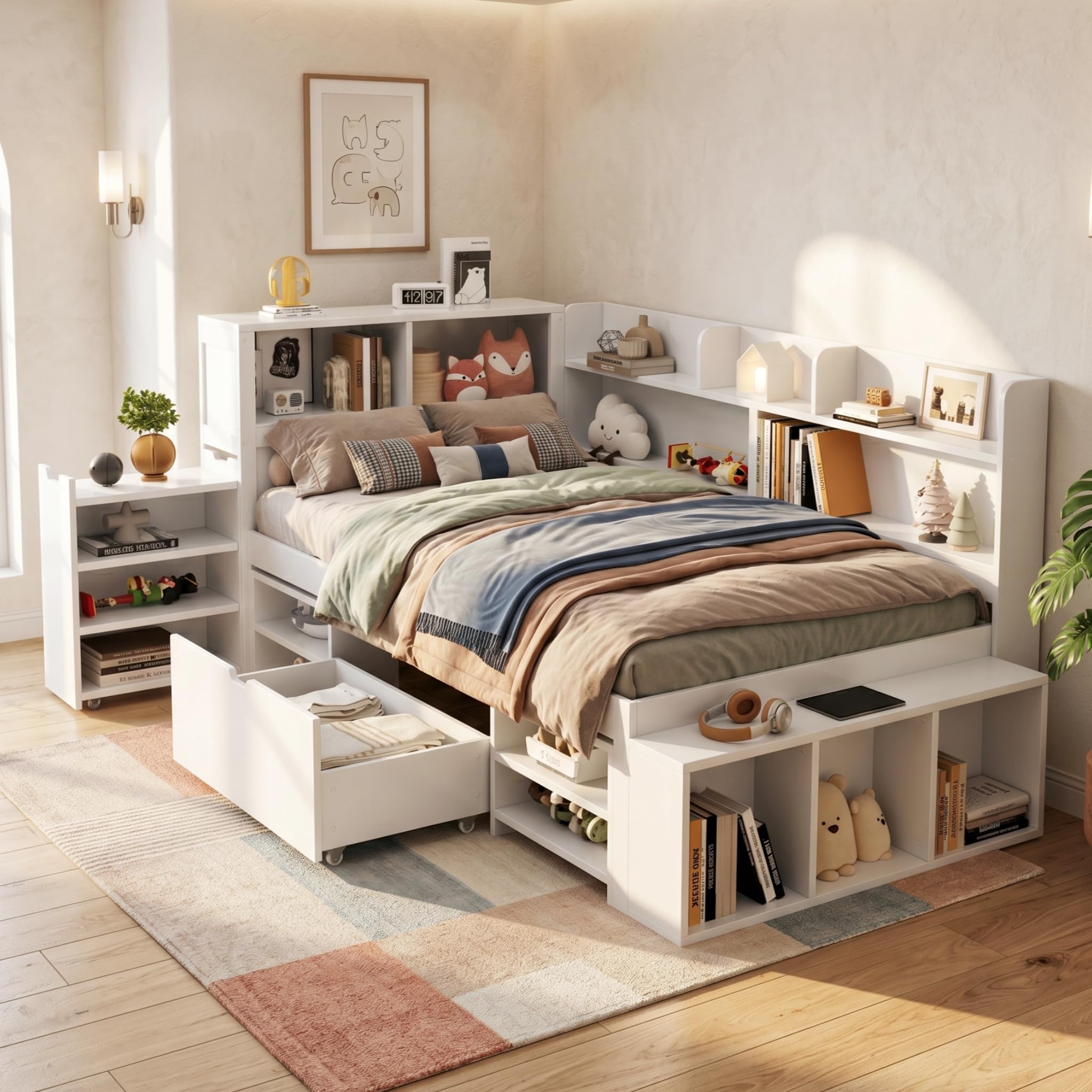 Lit Enfant 140x200 cm avec Rangement, Cadre de Lit Enfant Multifonctionnel avec Tiroirs, Bibliothèque Intégrée et Casier de Rangement, Structure en Métal avec Sommier à Lattes, Blanc