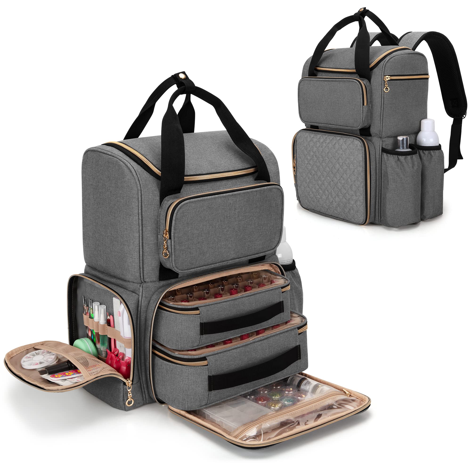 Luxja Organizer Smalti per Unghie (Versione Zaino) per 70 Bottiglie e una Lampada per Unghie, Custodia Porta Smalti per Unghie con 2 Sacchetti Rimovibili, Borsa Organizer per Smalti, Grigio