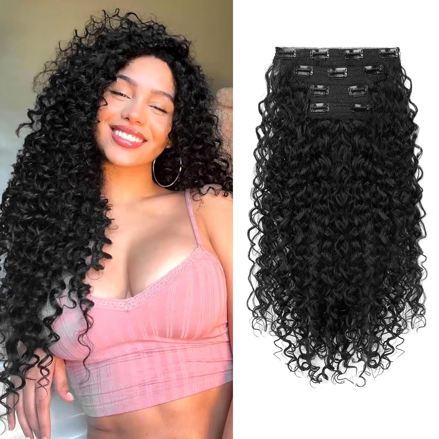 Clip in Hair Extensions, FLUFYMOOZ 4PC 100% Pure Protein Silk Hair Extensions Long Soft Natural Hairpiece 20 Inch Curly Hair Extension for Women (Black)