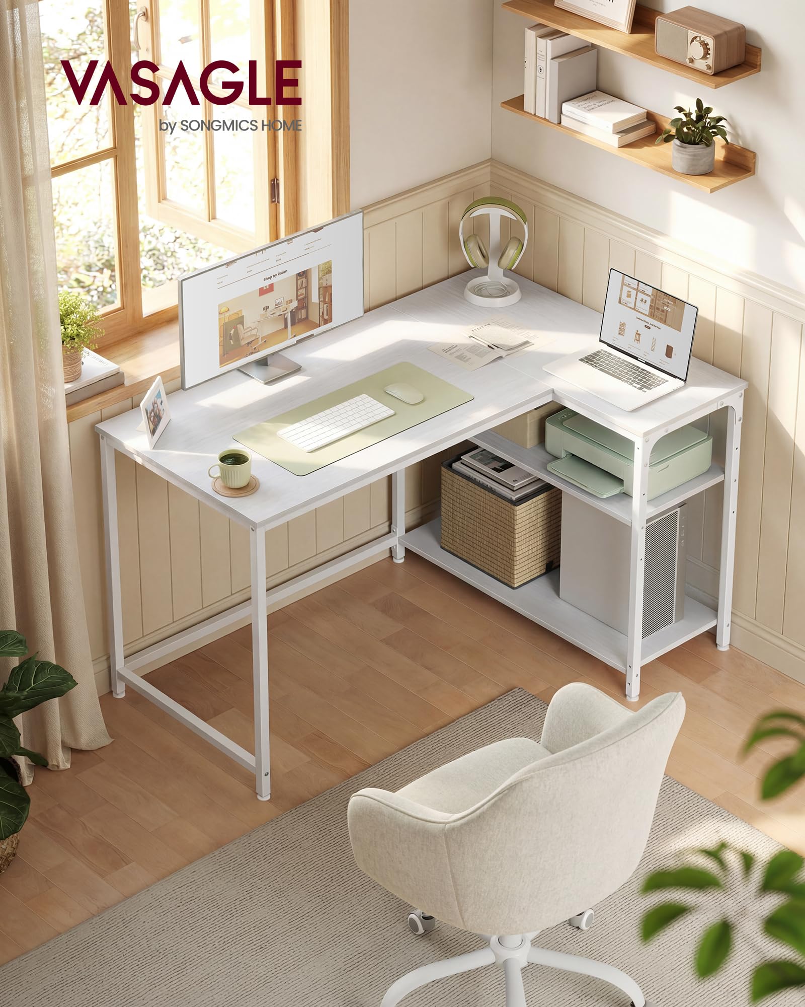 VASAGLE L-Shaped Corner Computer Desk with Reversible Shelf, Height Adjustable Shelf, Office Study, 110 x 80 cm, White Maple LWD135WF01 - 2