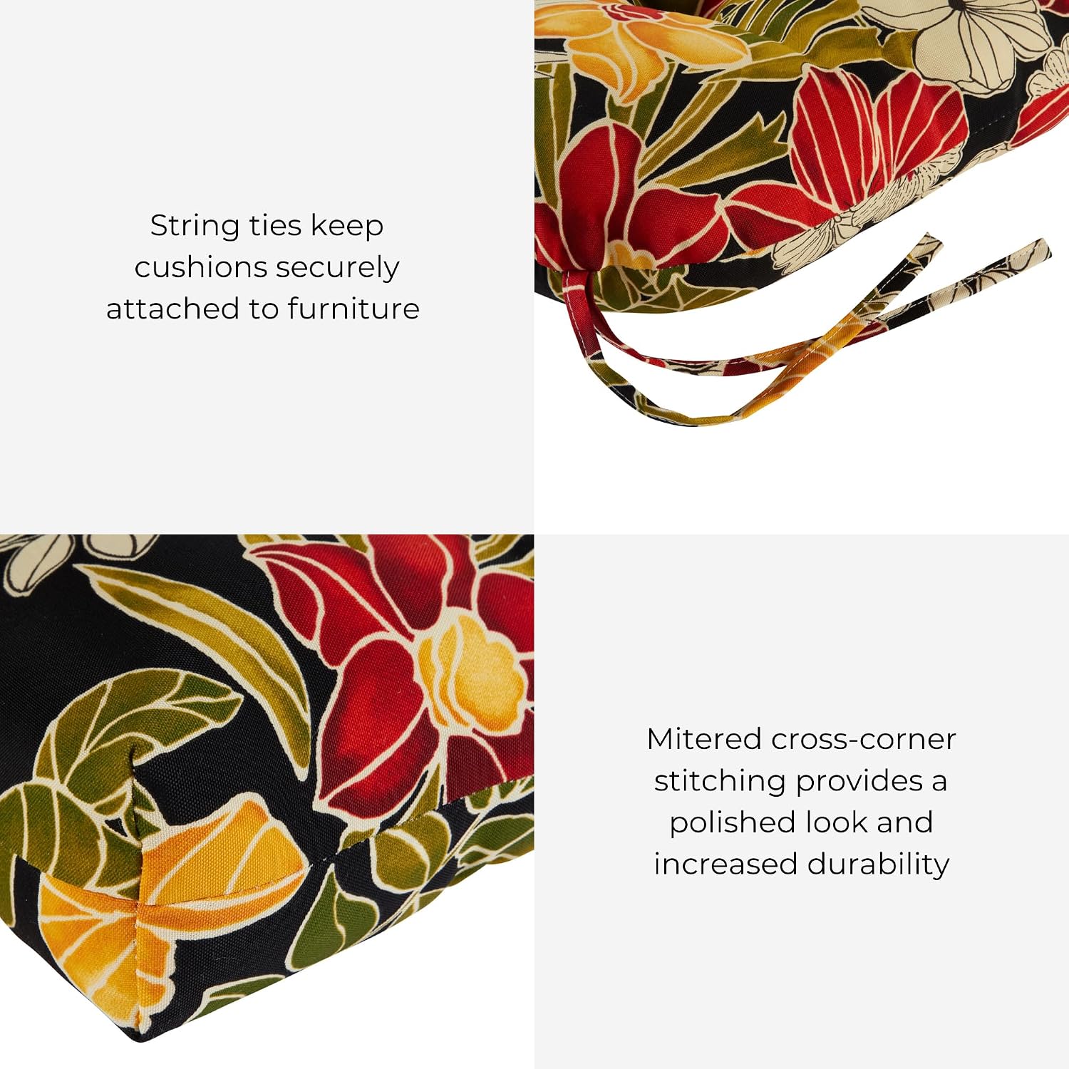 Tufted Outdoor Chair Cushions – Hinged One-Piece Design, Reversible Patio Seat & Back Cushion with Ties, Durable Polyester Fabric, Recycled Polyfiber Fill, Set of 2, Aloha Black Floral