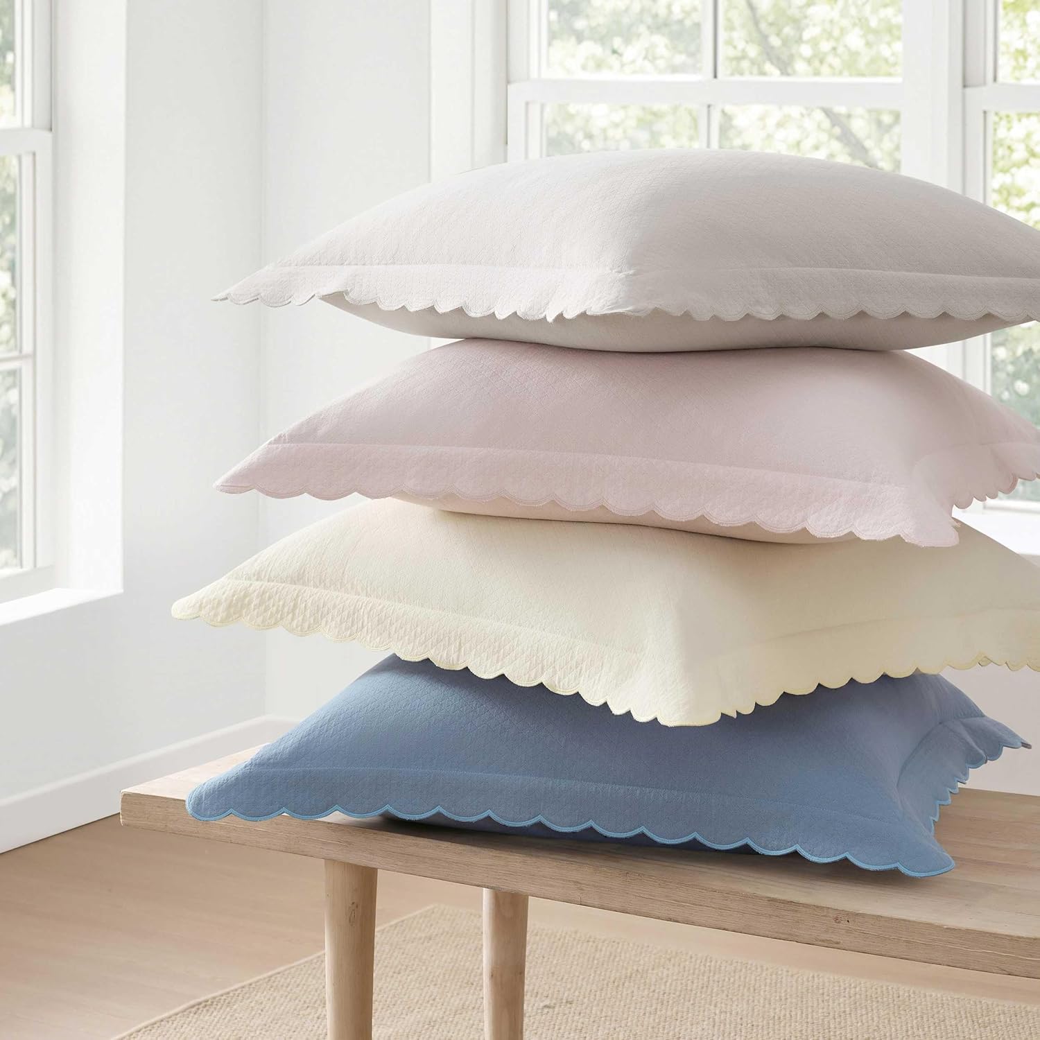 Martha Stewart - Signature Scallop Euro Sham Set, Cotton Rich Jacquard Pillowcases, Textured Pique with Scalloped Edge & Euro Closure, 26 x 26, Pink, Set of 2