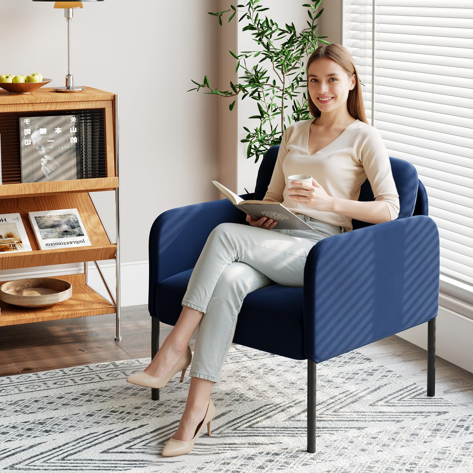 COLAMY Sillón de Terciopelo Acolchado para los oídos – Sillón Moderno con Respaldo Suave, cómodo sillón para salón, Dormitorio, apartamento y rincón de Lectura, Color Azul
