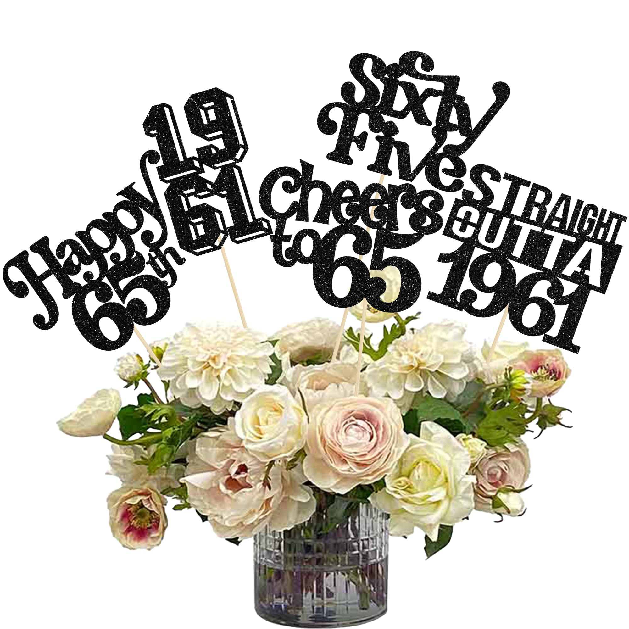 Gyufise 15Pcs Happy 65th Birthday Centerpiece Sticks Sixty Five Straight Outta 1961 Table Flower Centerpieces Sticks Cheers to 65 Decorations for 65th Birthday Party Supplies Black