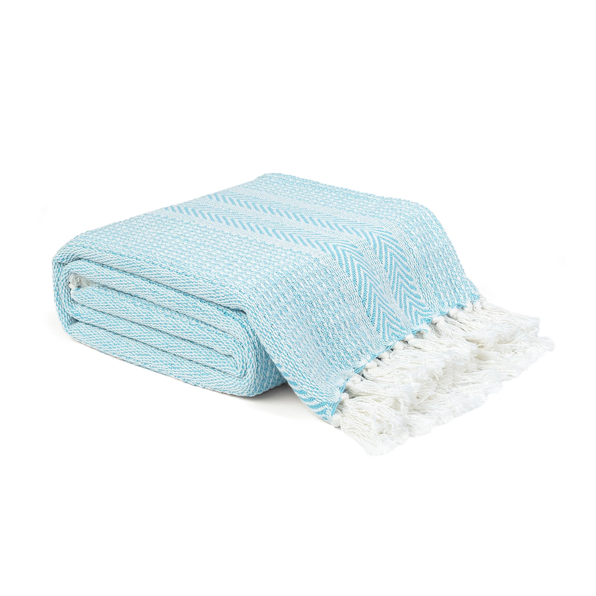 Ehc Blue Pre-Washed Throw Blanket, Handwoven Cotton Throws For Sofas Bed Cover Settee Couch Reversible, Single 127 X 152 Cm,