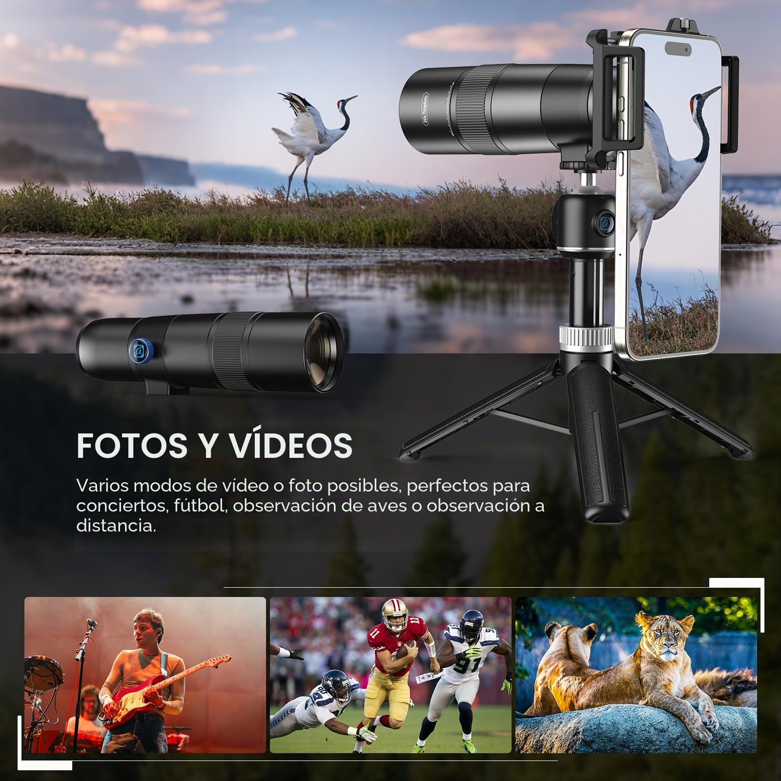 Evil Eye Teleobjetivo 30X para Smartphones con Trípode, Teleobjetivo 4K HD para Smartphones, Marco De Metal & Zoom 30X, Compatible con iPhone & Android, Ideal para Fotografía De Viajes & Deportes