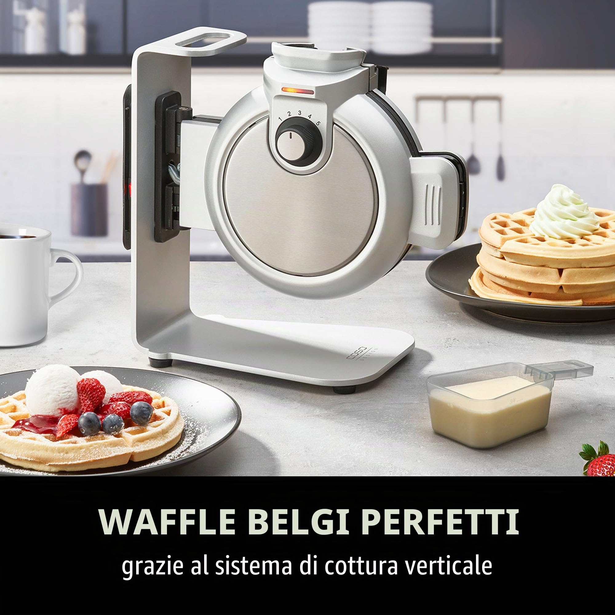 CASO WaffleUp, piastra verticale per waffle belga, per waffle belghe perfette, 5 livelli di doratura selezionabili, rivestimento antiaderente a 2 strati, nessun impasto in eccesso, acciaio
