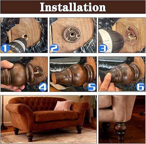 Miniatura 6 de Patas de madera para muebles de 6 pulgadas, juego de 4 patas de sofá redondas marrones, piezas de repuesto para gabinete, aparador, cama, aparador,