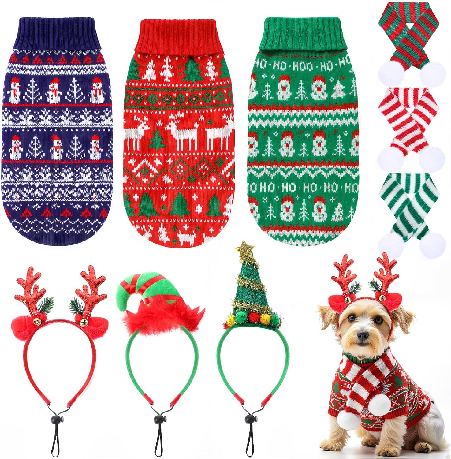 Reginary 9 Pack Dog Christmas Costume Xmas Sweaters Headband Scarf Set Christmas Dog Cat Sweaters Costume Winter Warm Small Dogs Clothes Adjustable Xmas Hair Hoop Headwear for Pet Accessories(S)