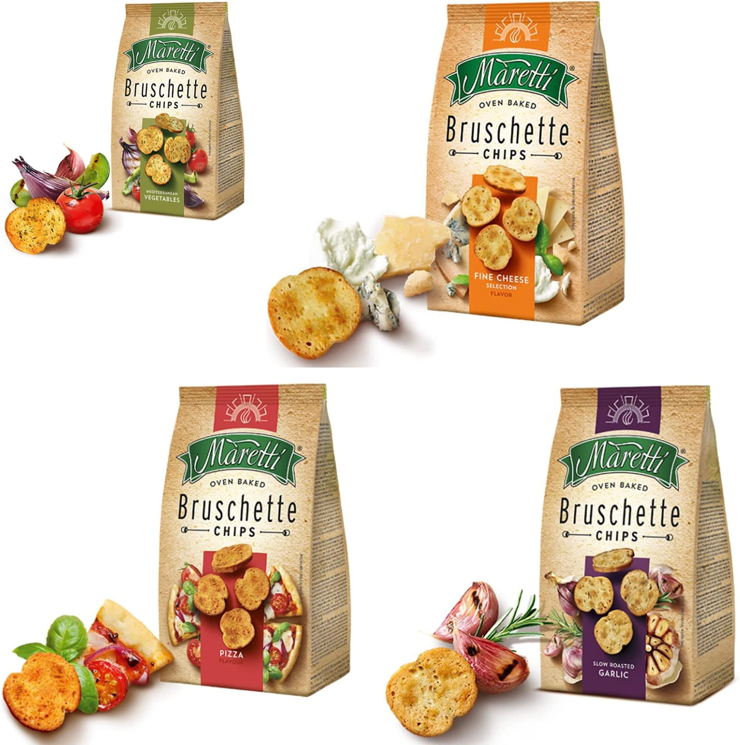 Oven Baked Bruschette Chips Slow Roasted Garlic, Pizza Flavour, Mediterranean Vegetables, Fine Cheese Selection, 70g Each, Combo of 4