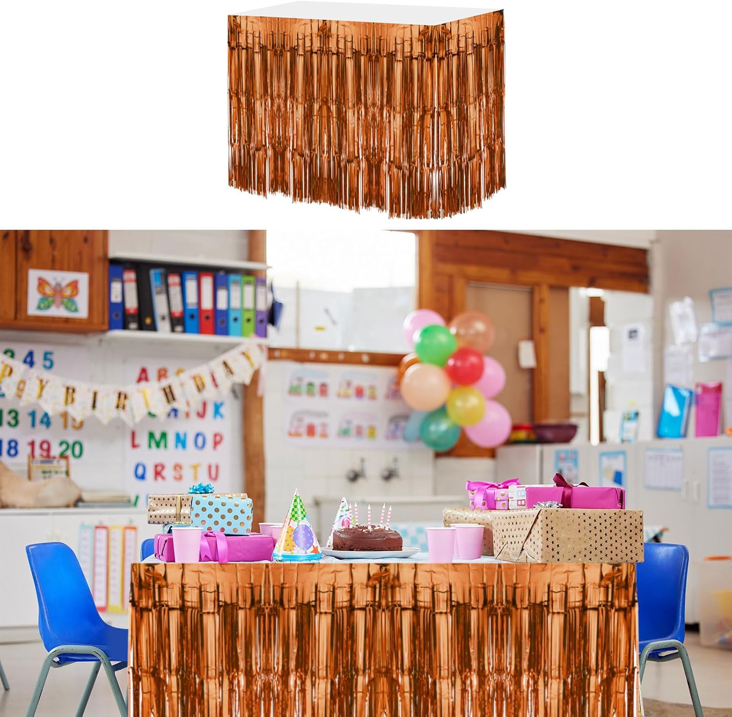 MECCANIXITY 6 Pcs 29x108 Inch Bronze Metallic Foil Fringe Tinsel Table Skirts for Rectangle Tables Tinsel Backdrop Curtain for Wedding Birthday Party Decoration