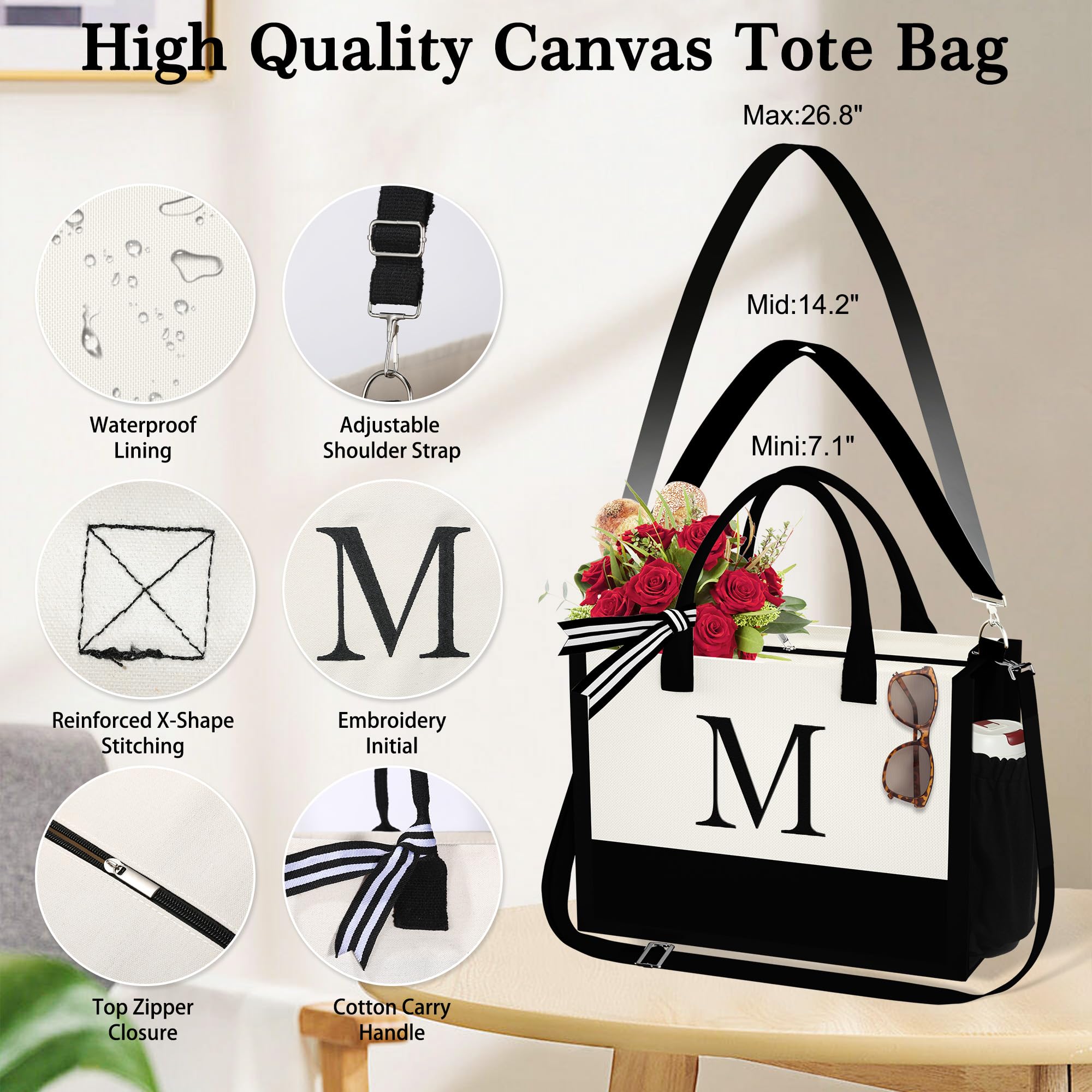 Bolsa de lona con inicial y bolsa de maquillaje, regalos de cumpleaños personalizados para mujeres, mamá, hija, hermana, amigas, profesora, regalos de boda para dama de honor, Blanco, Mediana 5