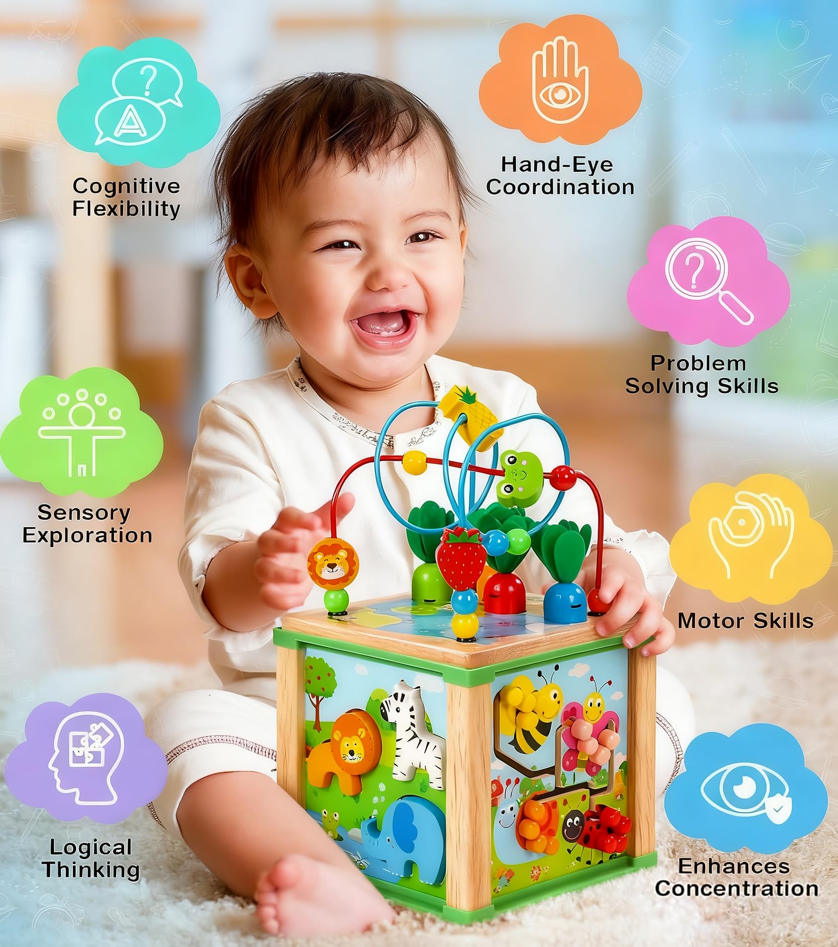 Cubo Actividades - Juegos Mesa Actividades, Juguetes Montessori - Cubos de Madera Andador - Brinquedos Educativos Regalo Bebes y Niños de 1 a 2 Años