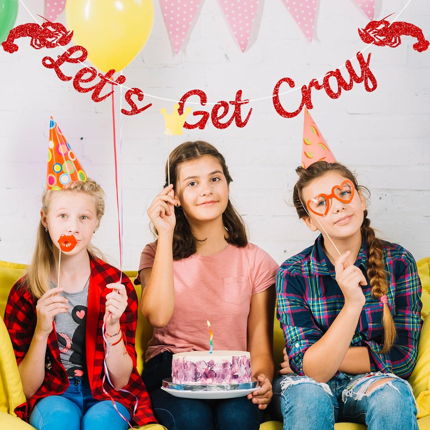 Let Get Cray Party Banners Party Banners Summer Crawfish Birthday Decor, Lobster Boil Red Glitter Banners for Boy Girls Theme Party Supplies