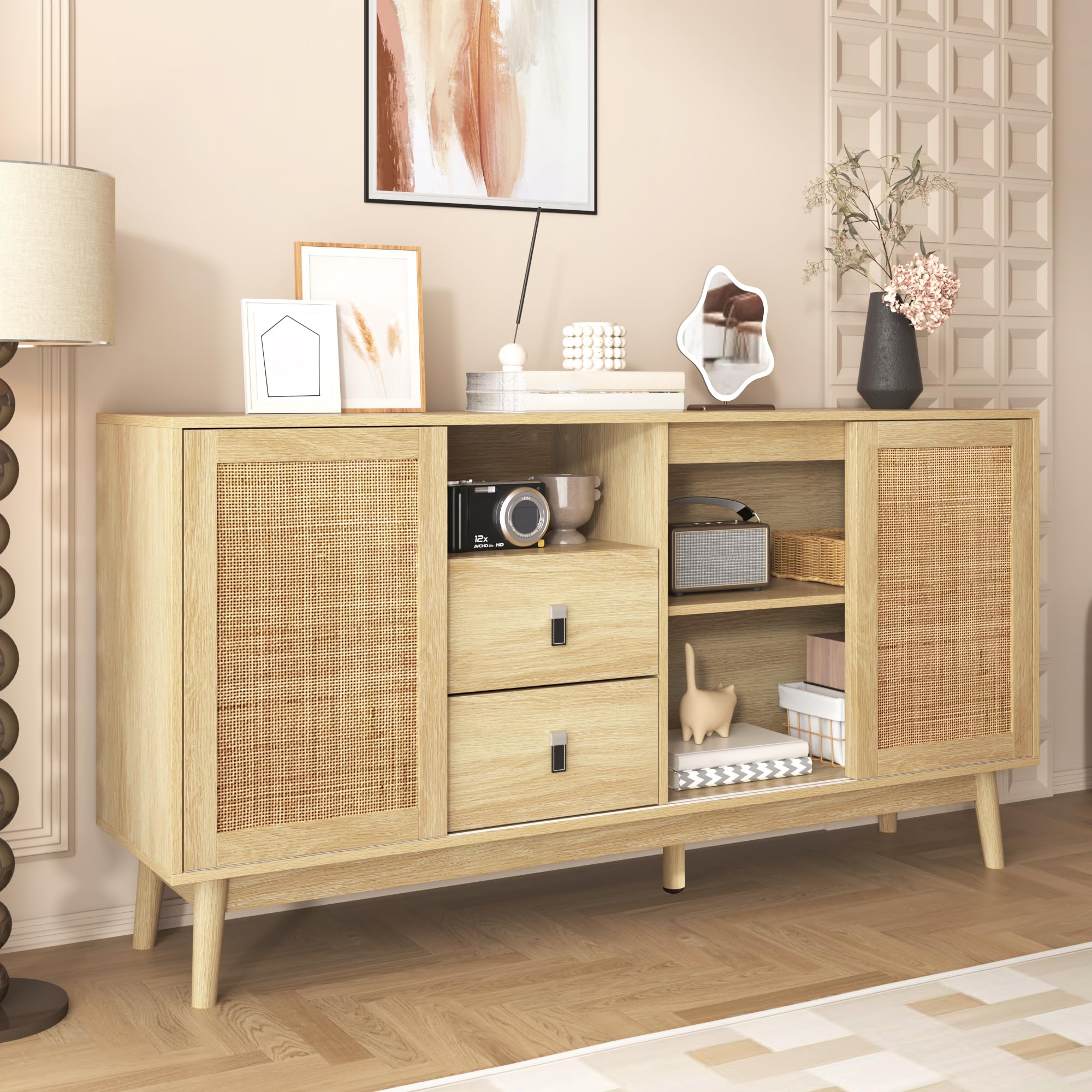 SUKY Aparador con 3 puertas correderas de ratán auténtico y 2 cajones, transpirable, estable y versátil, 155 x 38 x 80 cm