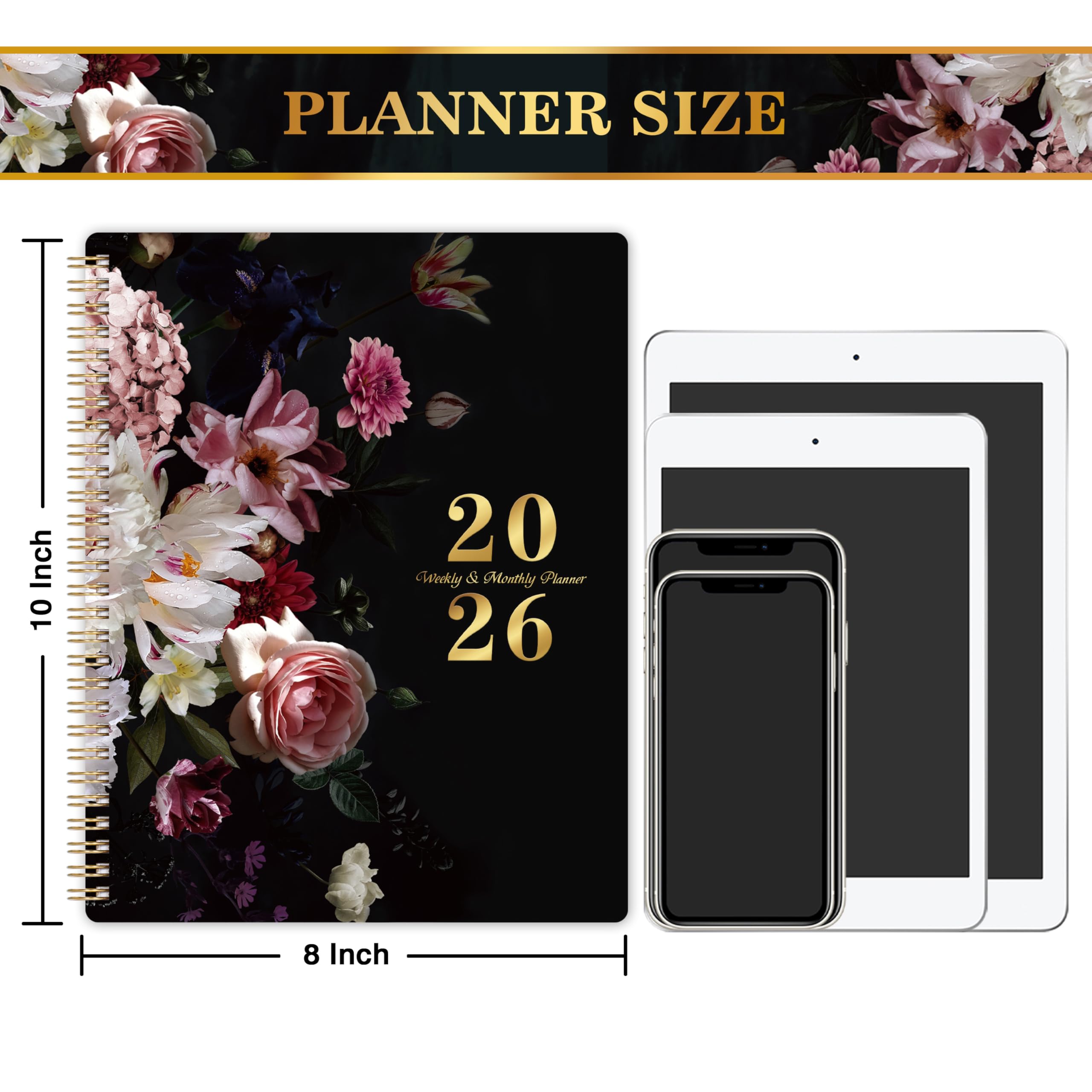 Planer 2026 - 20,3 cm x 25,4 cm, planer tygodniowy i miesięczny, styczeń - grudzień 2026, kalendarz 2026/2026, spiralny terminarz ze stabilną osłoną, zakładki miesięczne powlekane tworzywem sztucznym